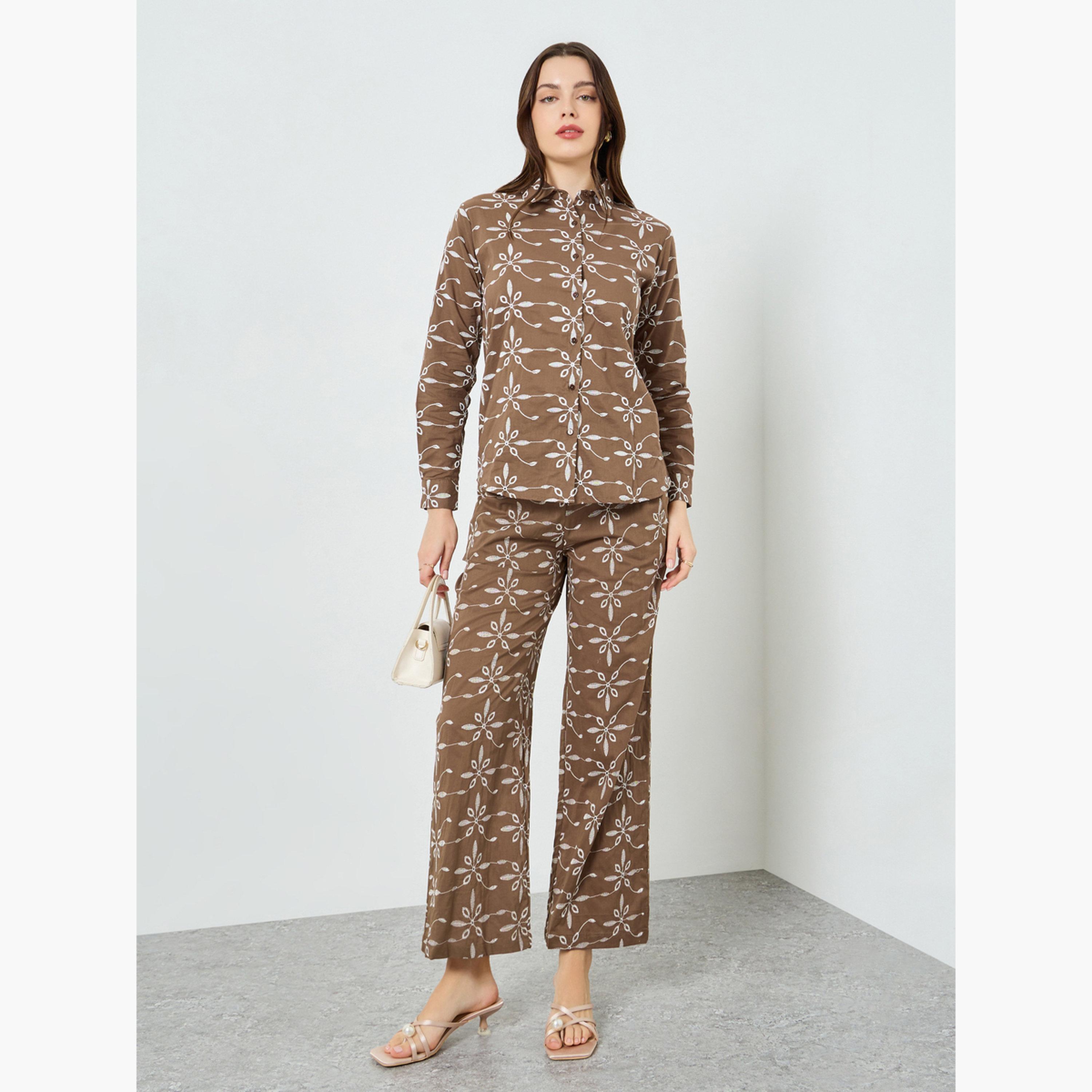 Styli Brown Embroidered Shirt and Trousers Co-Ords-women-clothing-coordsets-image-1