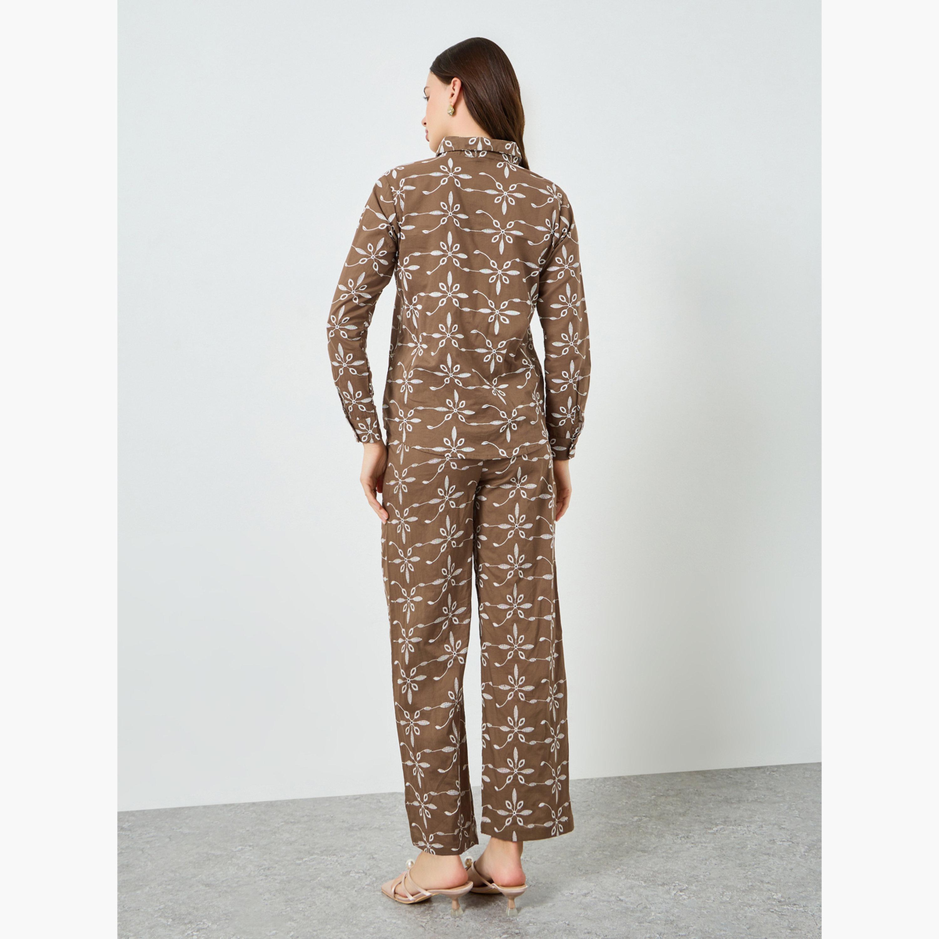 Styli Brown Embroidered Shirt and Trousers Co-Ords-women-clothing-coordsets-image-5