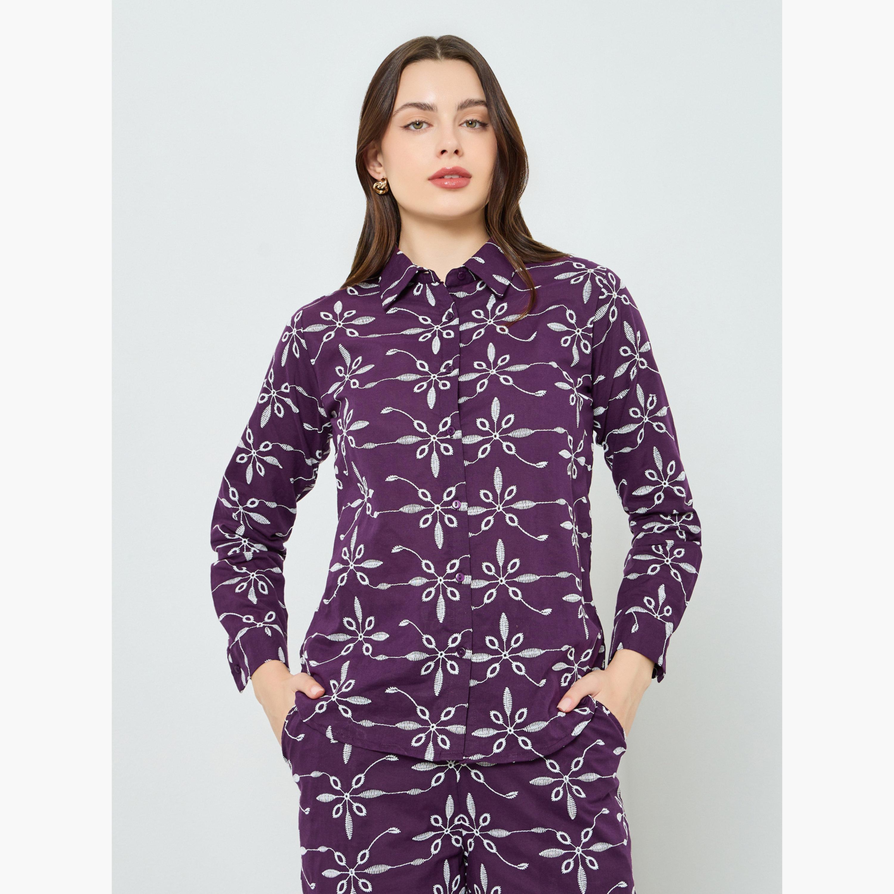 Styli Purple Embroidered Shirt and Trousers Co-Ords-women-clothing-coordsets-image-2