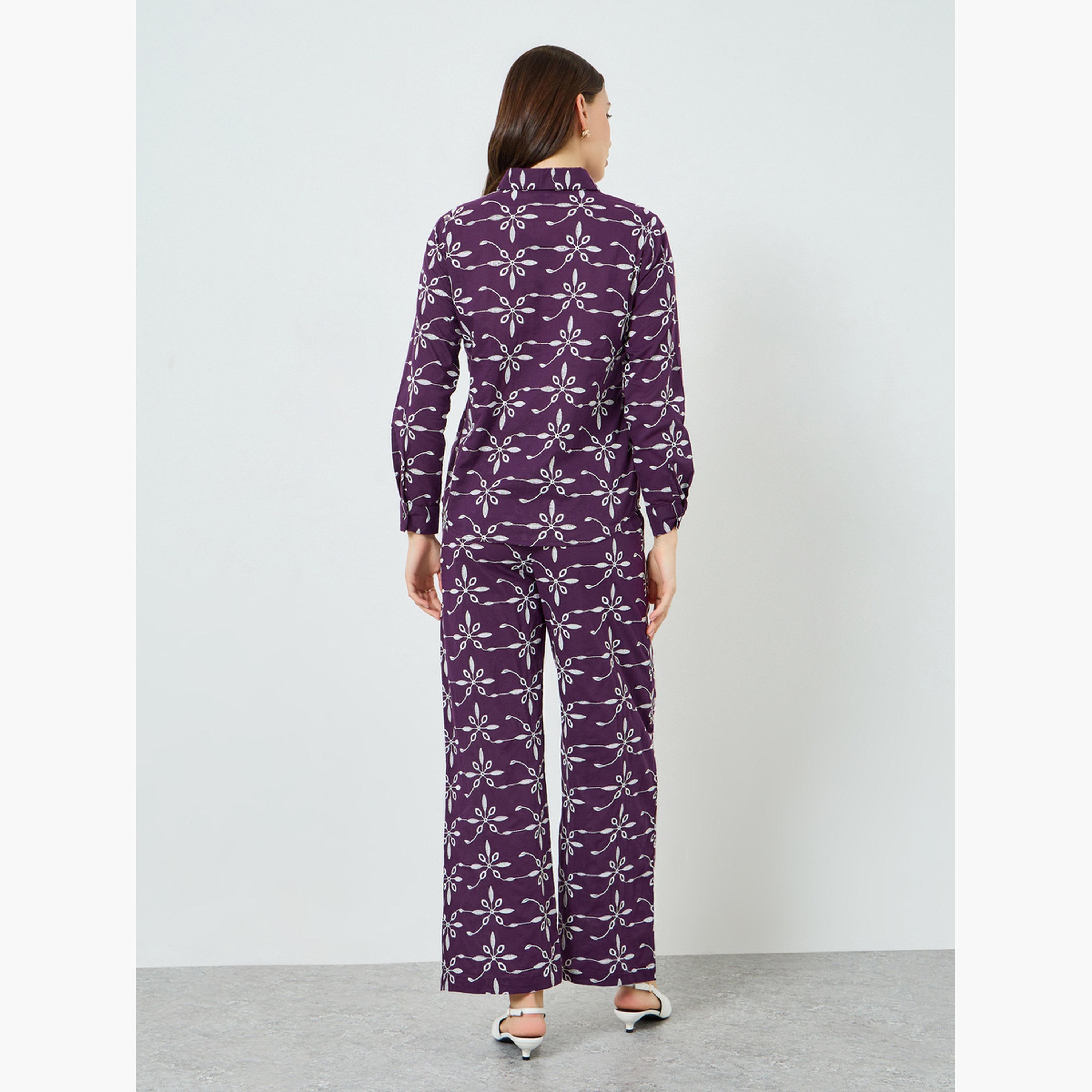 Styli Purple Embroidered Shirt and Trousers Co-Ords-women-clothing-coordsets-image-5