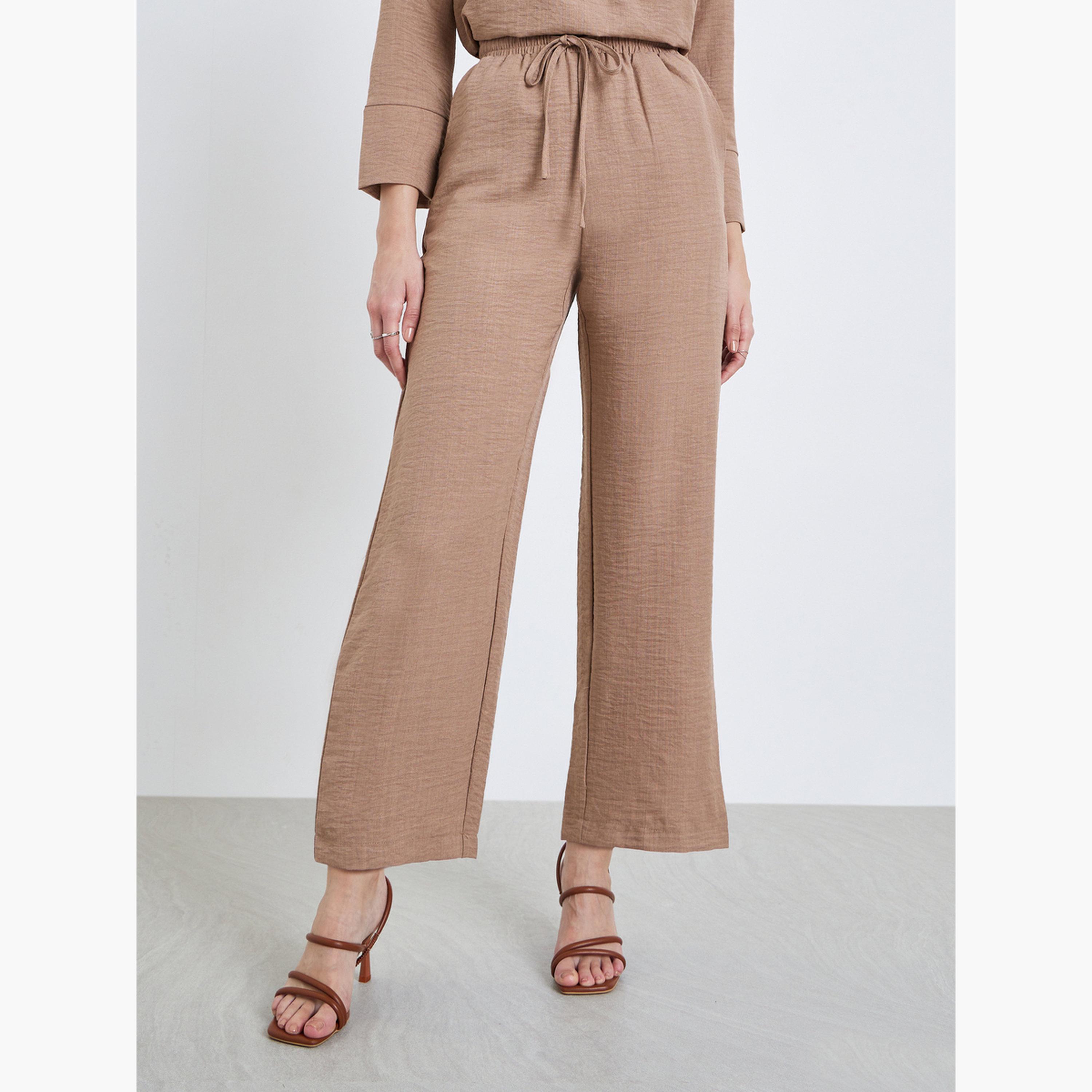 بنطال بأرجل واسعة بنمط نسيج كتان-women-clothing-bottoms-trousers-image-1