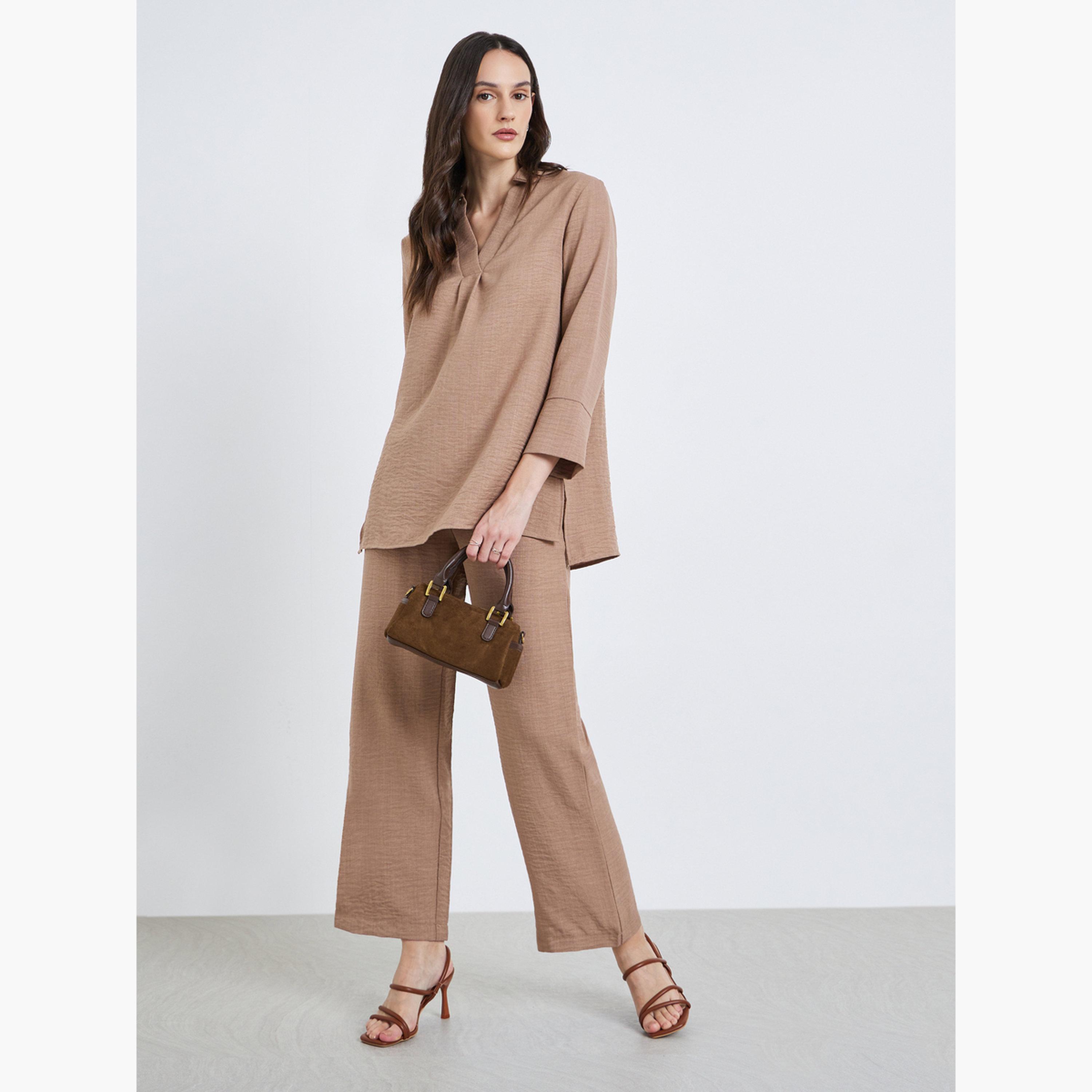 بنطال بأرجل واسعة بنمط نسيج كتان-women-clothing-bottoms-trousers-image-2