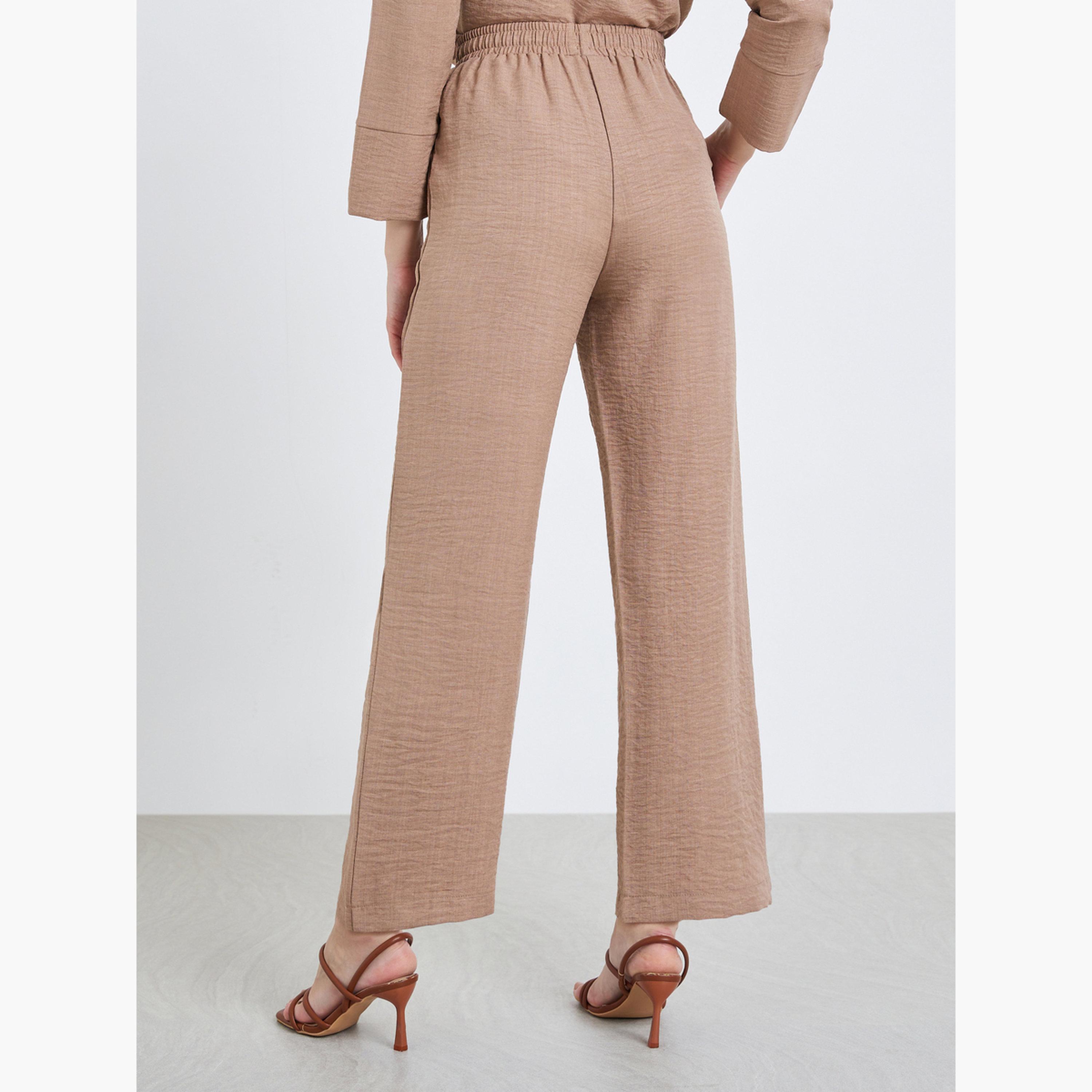 بنطال بأرجل واسعة بنمط نسيج كتان-women-clothing-bottoms-trousers-image-4