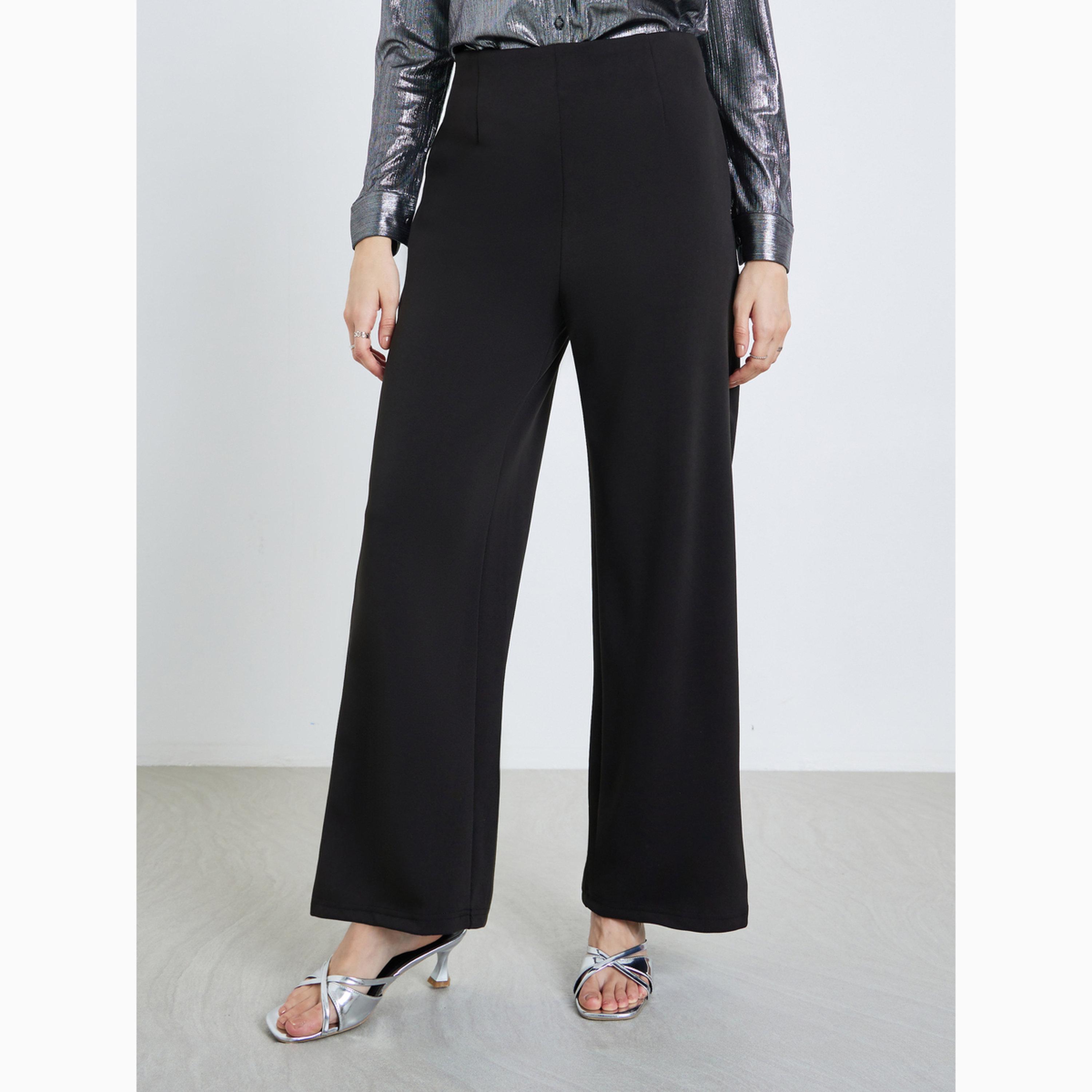 Styli Black Solid Wide Leg Trousers-women-clothing-bottoms-joggers-image-1