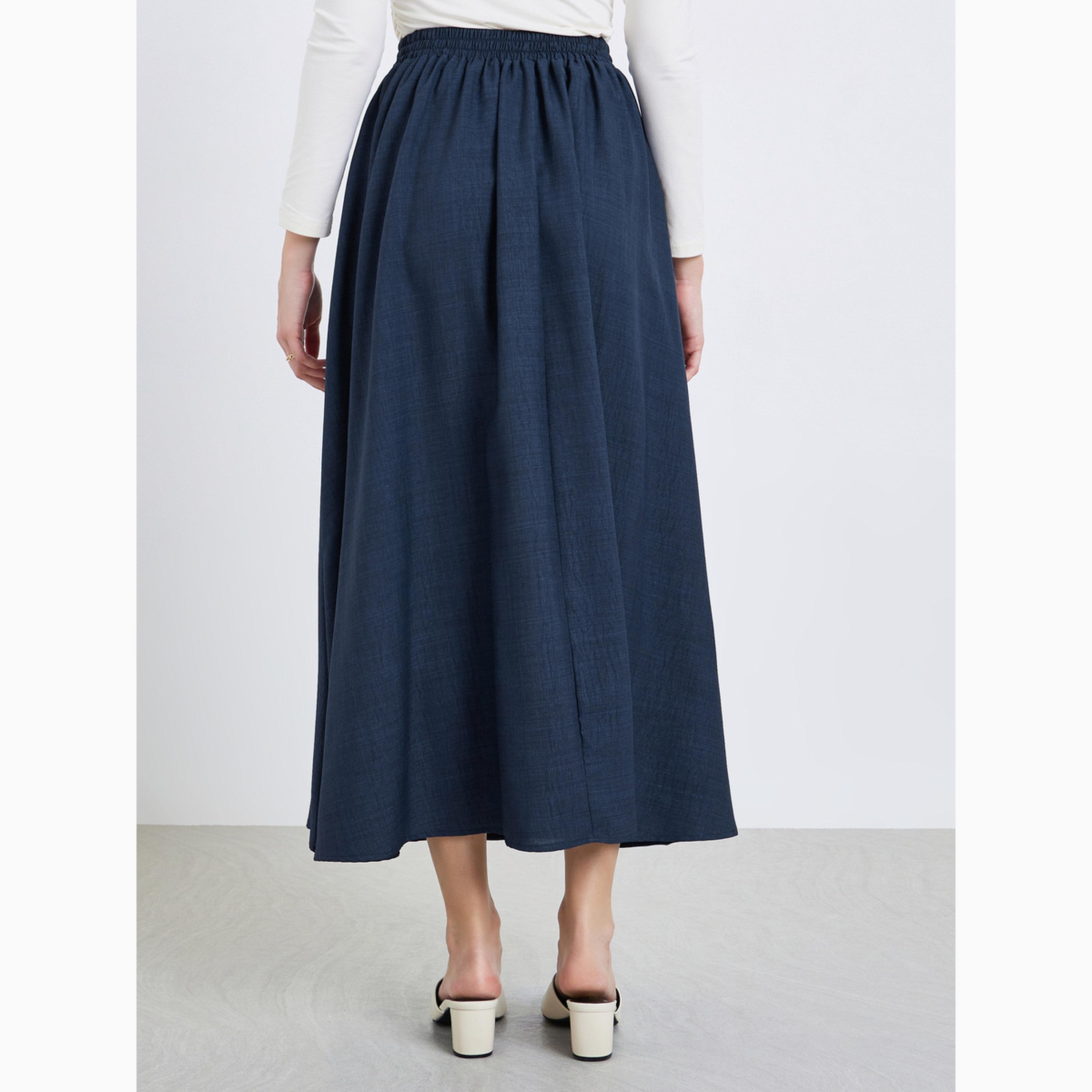 Styli Dark Blue Textured A-Line Maxi Skirt-women-clothing-bottoms-skirts-image-4