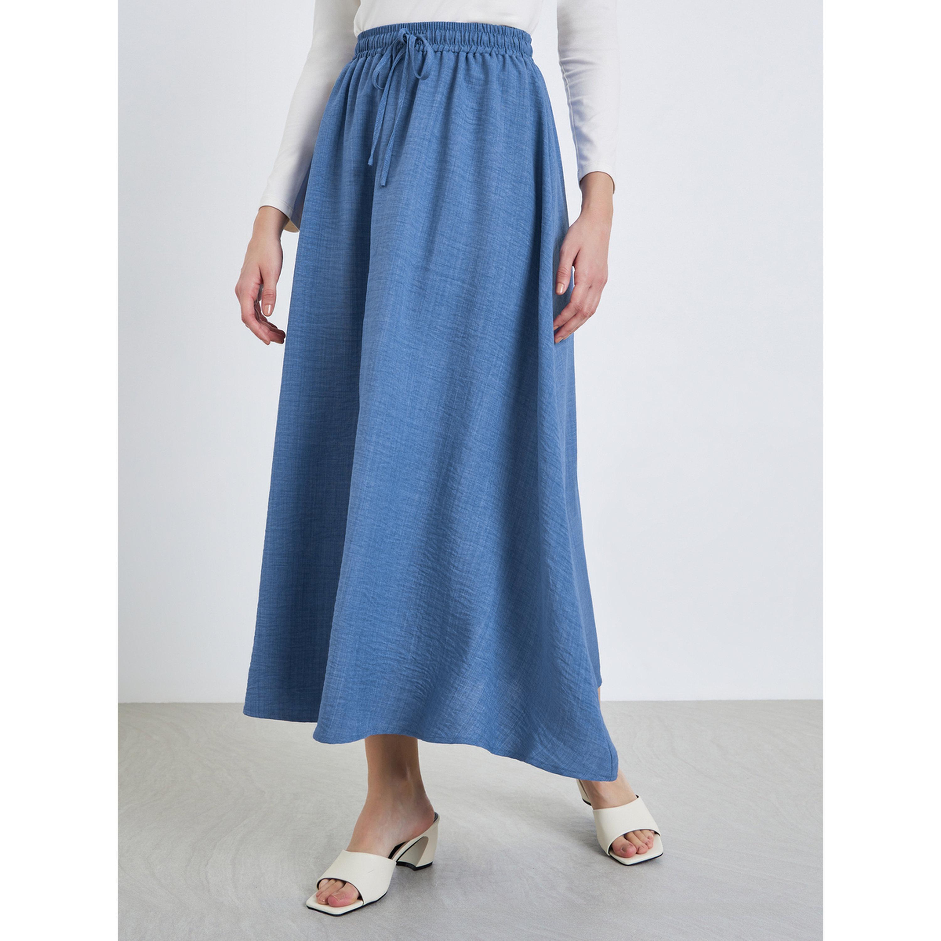 تنورة زرقاء برباط خصر وحافة واسعة طويلة-women-clothing-bottoms-skirts-image-1