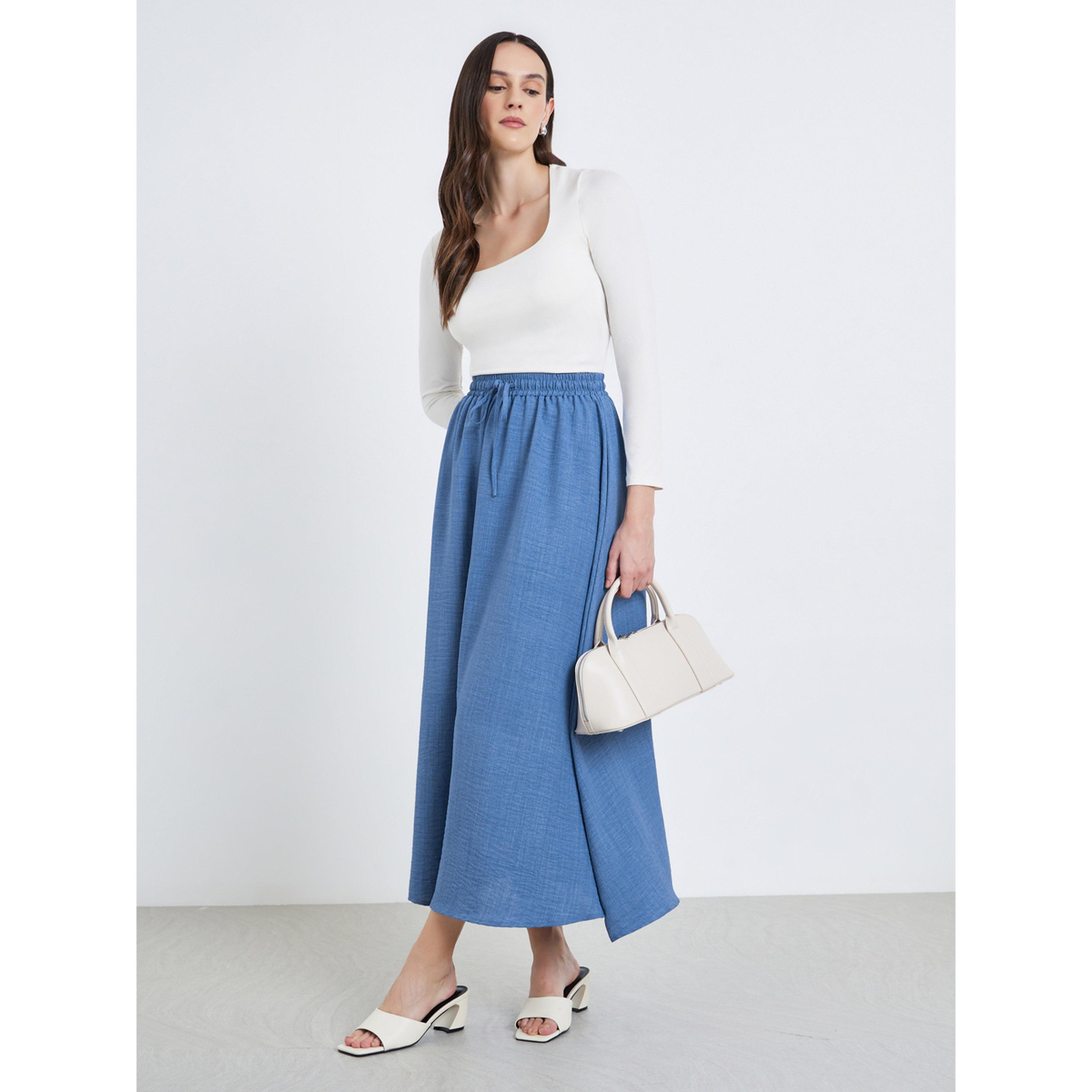 تنورة زرقاء برباط خصر وحافة واسعة طويلة-women-clothing-bottoms-skirts-image-2