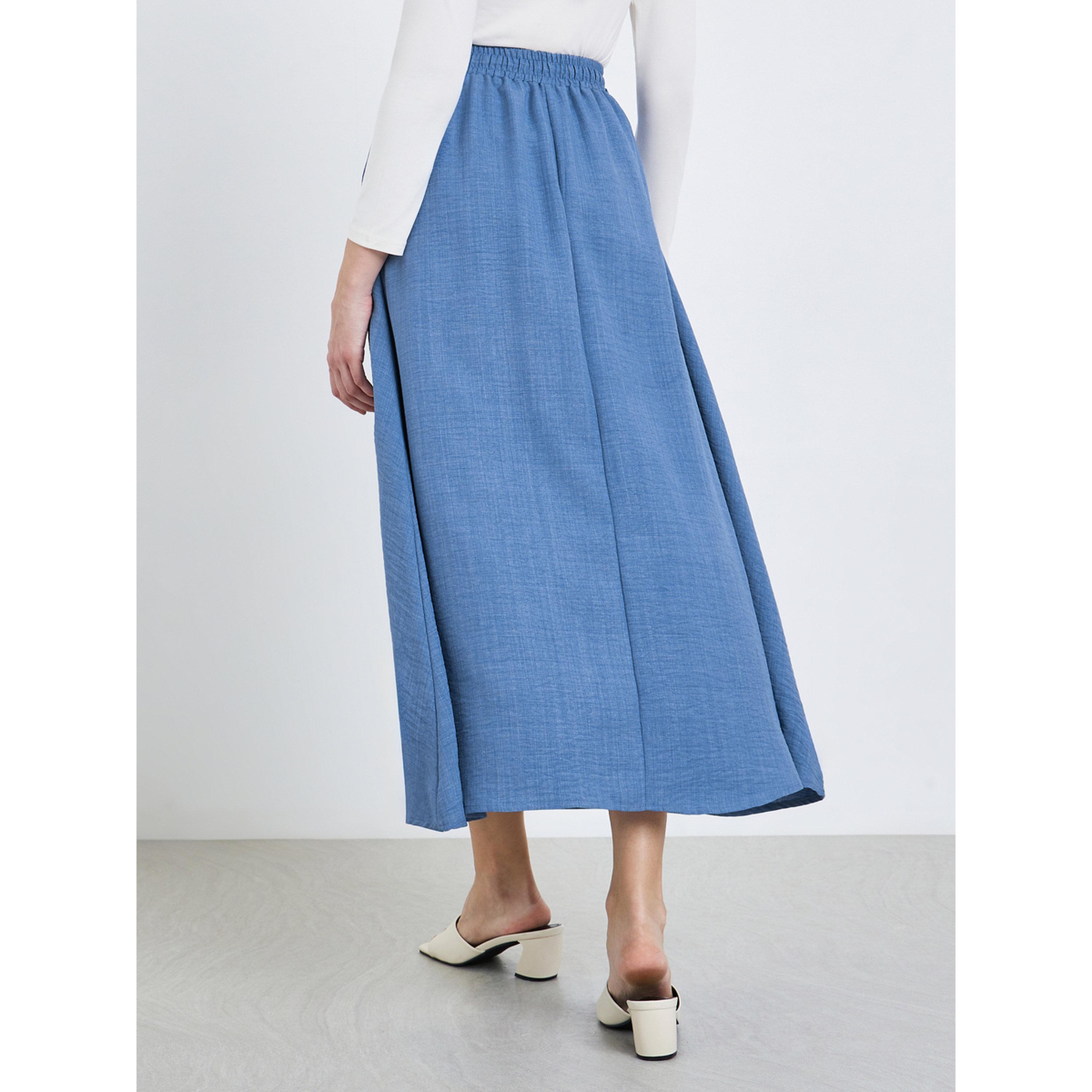 تنورة زرقاء برباط خصر وحافة واسعة طويلة-women-clothing-bottoms-skirts-image-4
