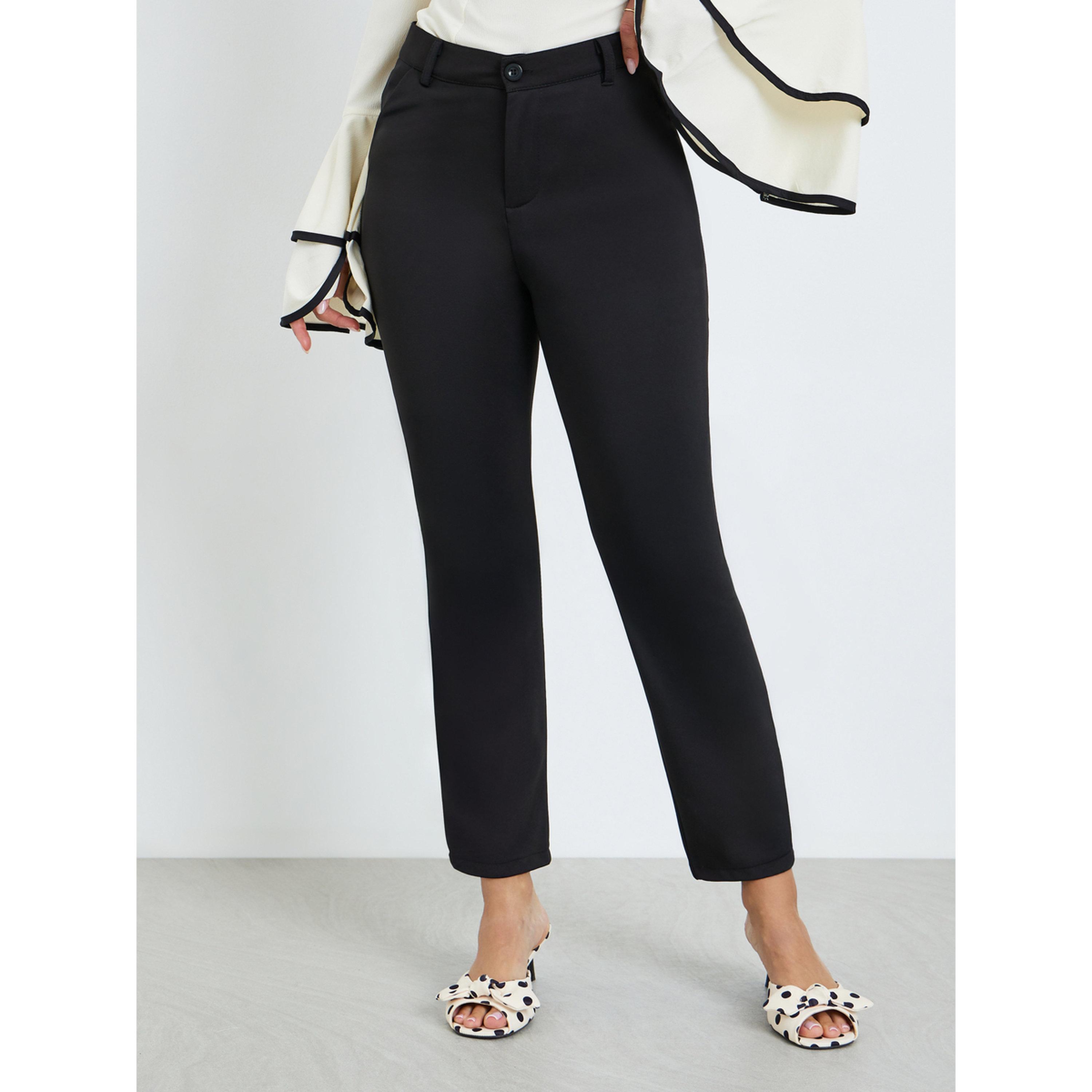 Styli Women Black Solid Straight Leg Trousers-women-clothing-bottoms-trousers-image-1