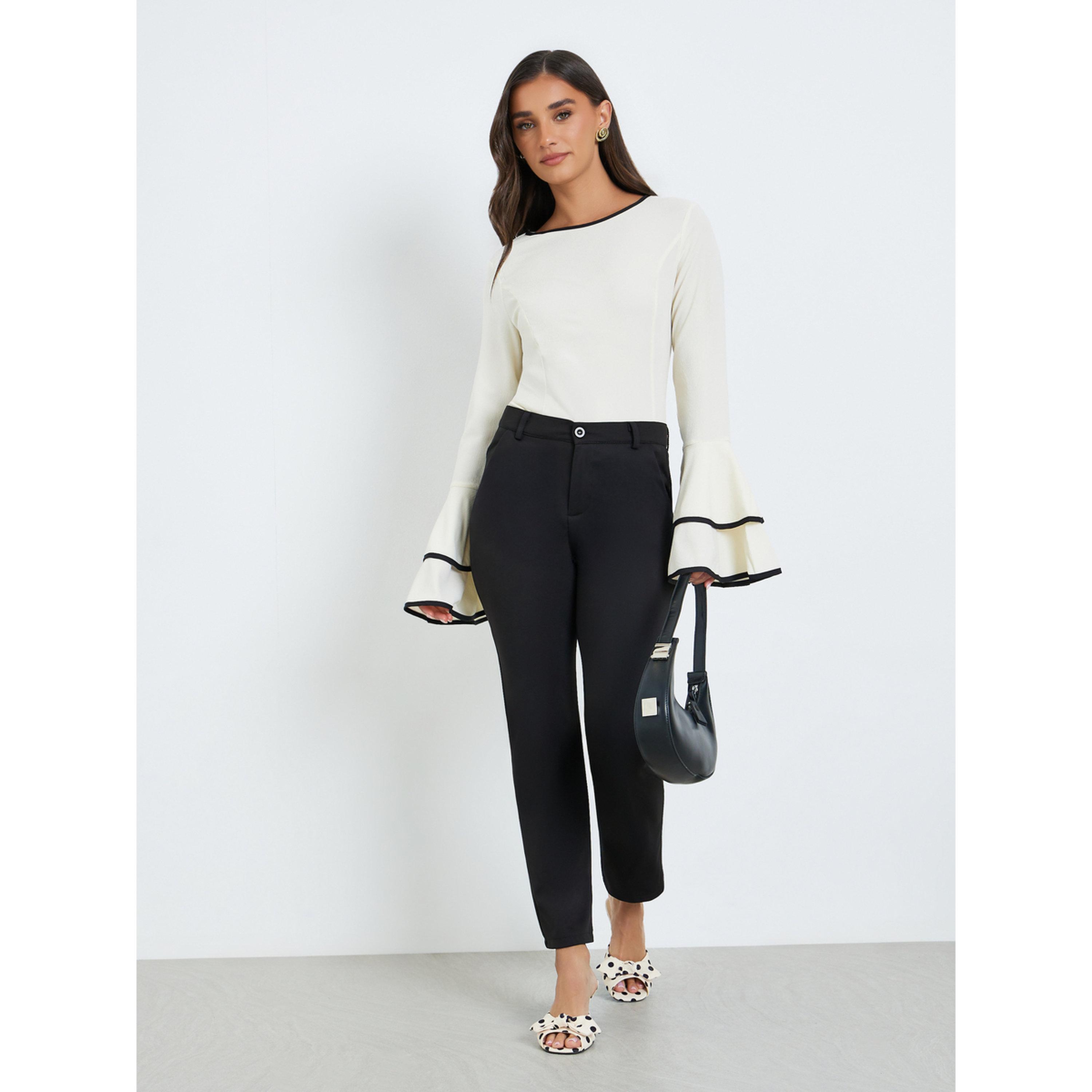 Styli Women Black Solid Straight Leg Trousers-women-clothing-bottoms-trousers-image-2