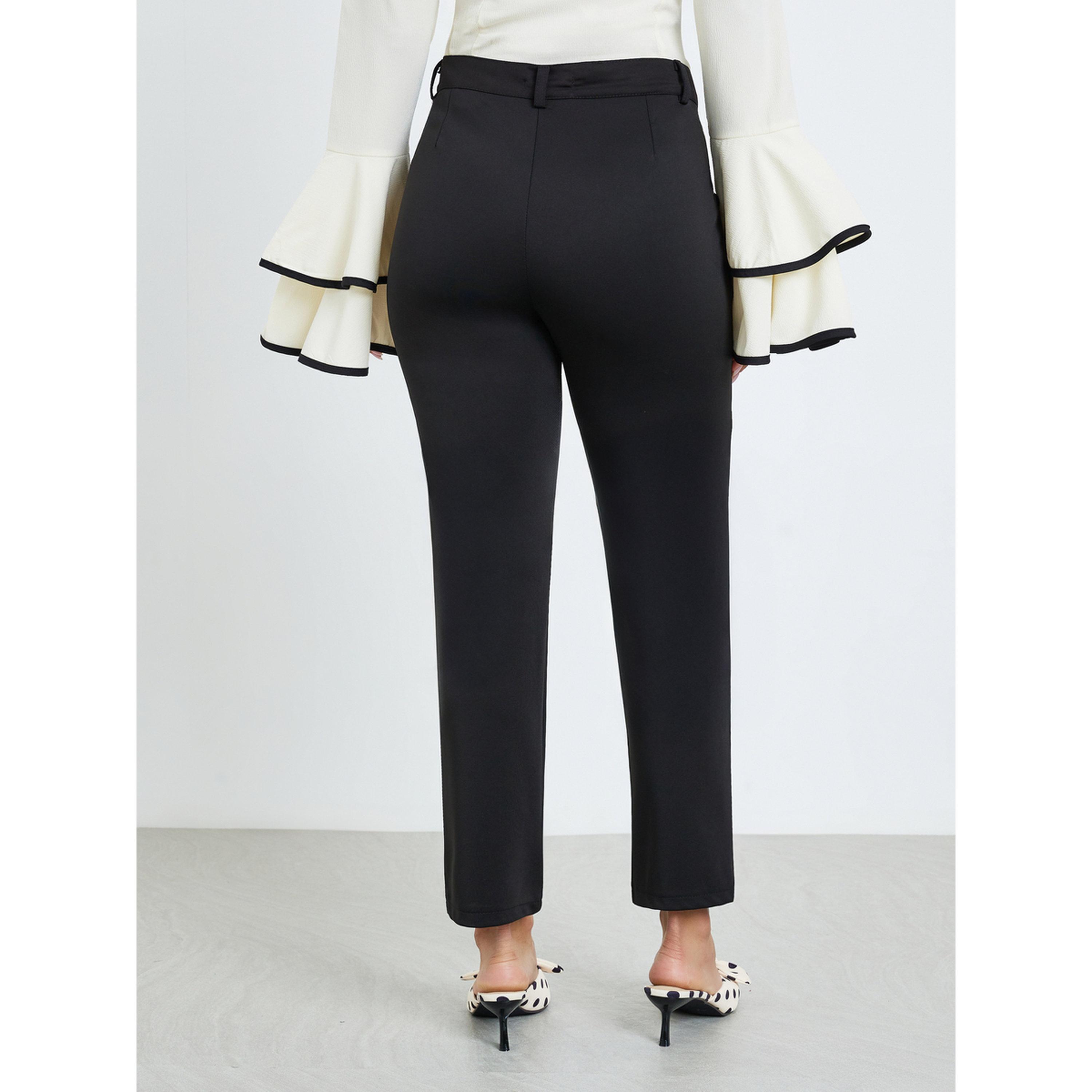 Styli Women Black Solid Straight Leg Trousers-women-clothing-bottoms-trousers-image-4