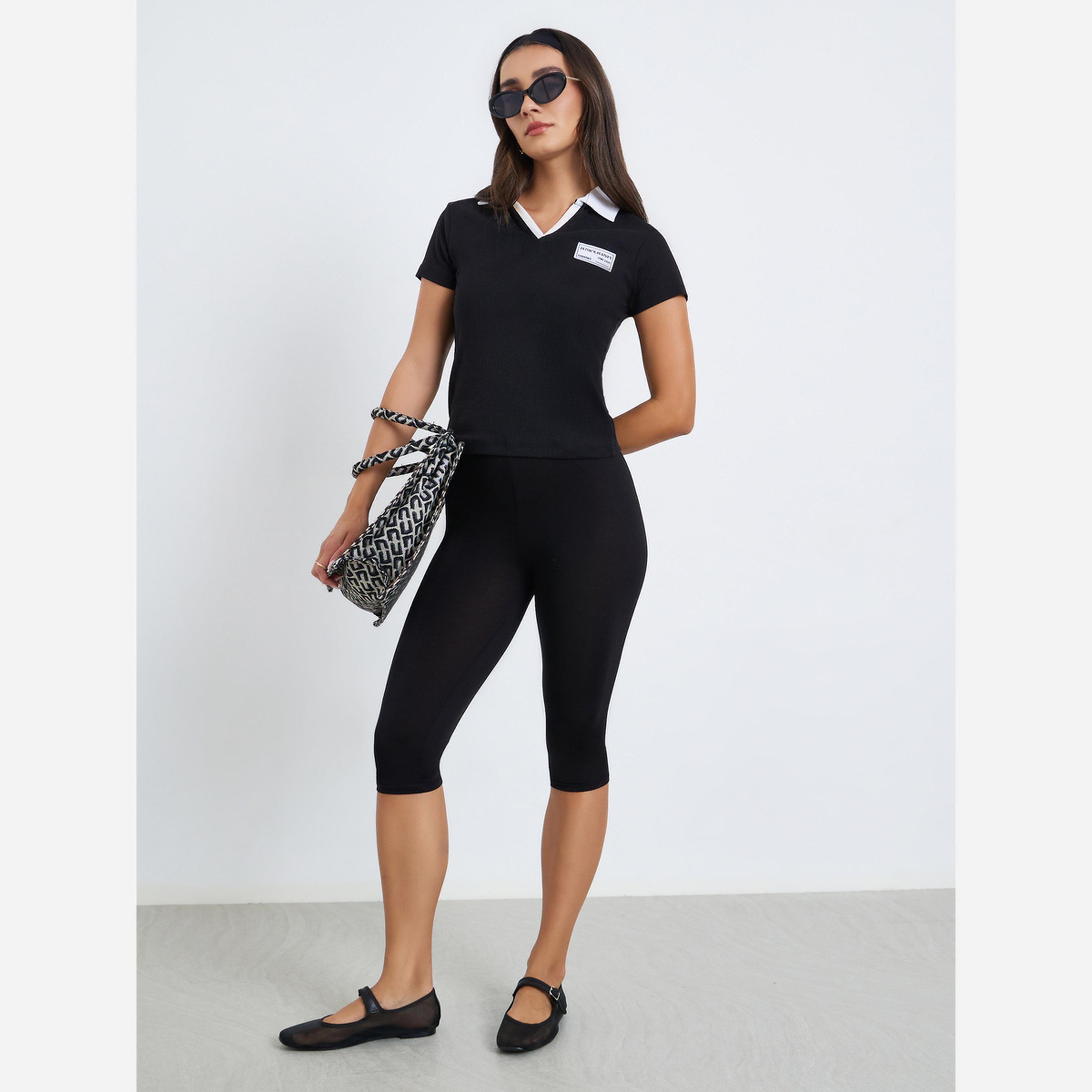 Styli Women Black Solid Capri Leggings-women-clothing-bottoms-leggings-image-2