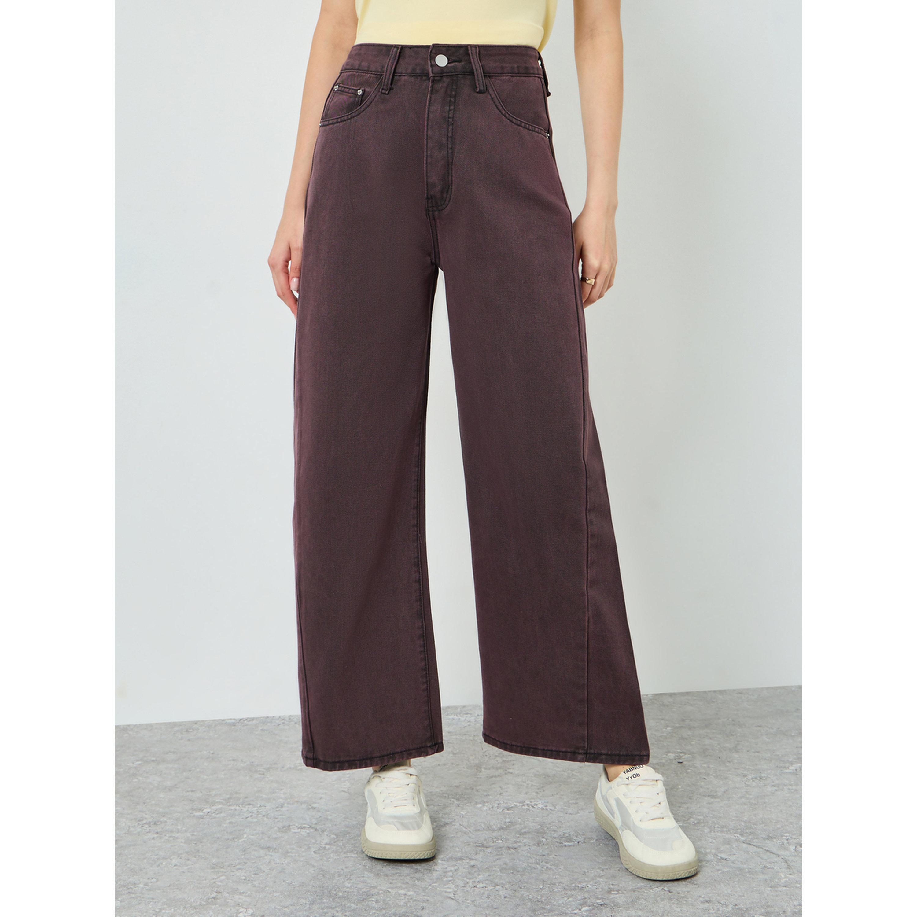 بنطال جينز بني خصر عالي وأرجل واسعة-women-clothing-bottoms-jeans-image-1