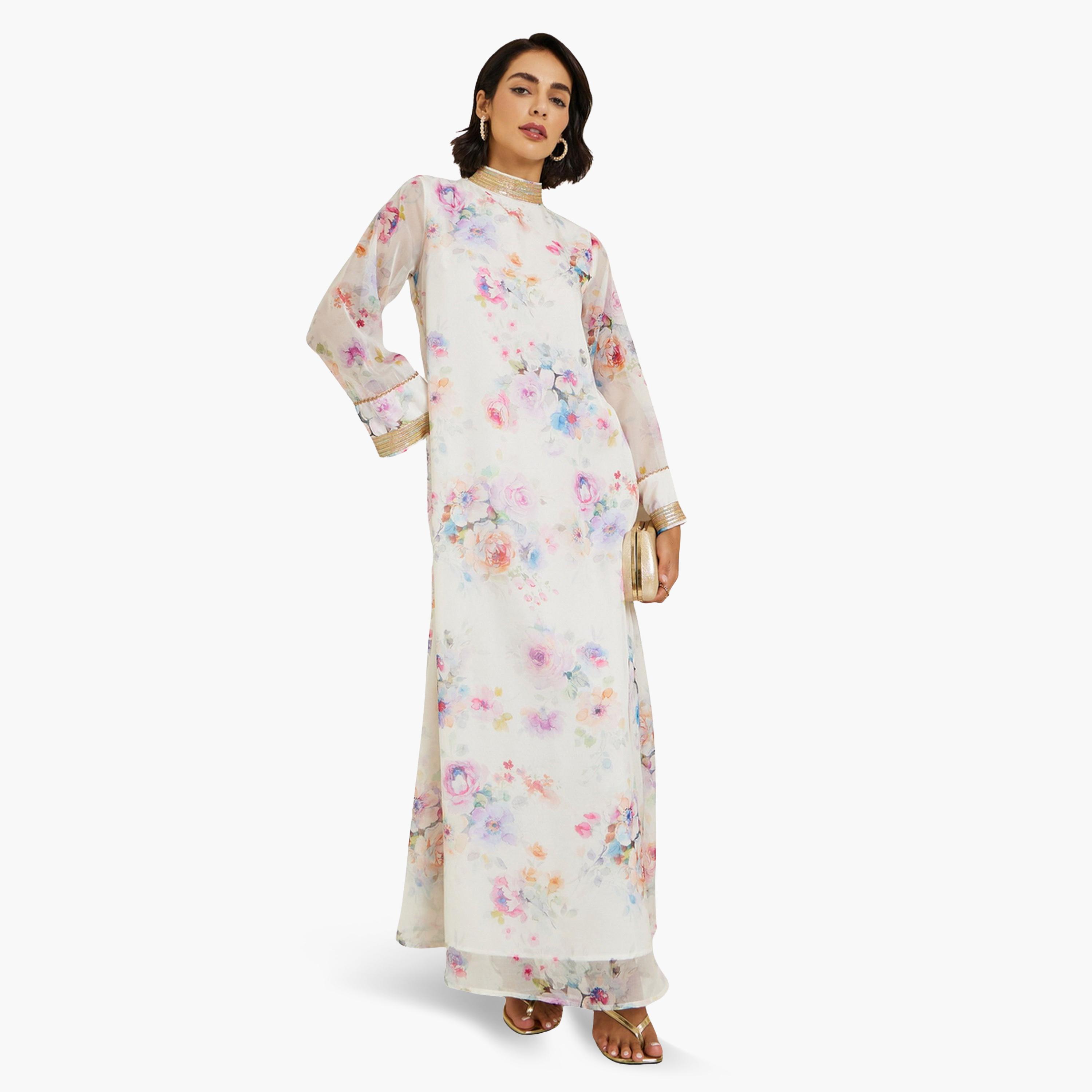 Styli Women Cream Floral Print Organza Jalabiya-women-arabicclothing-jalabiyas-image-1