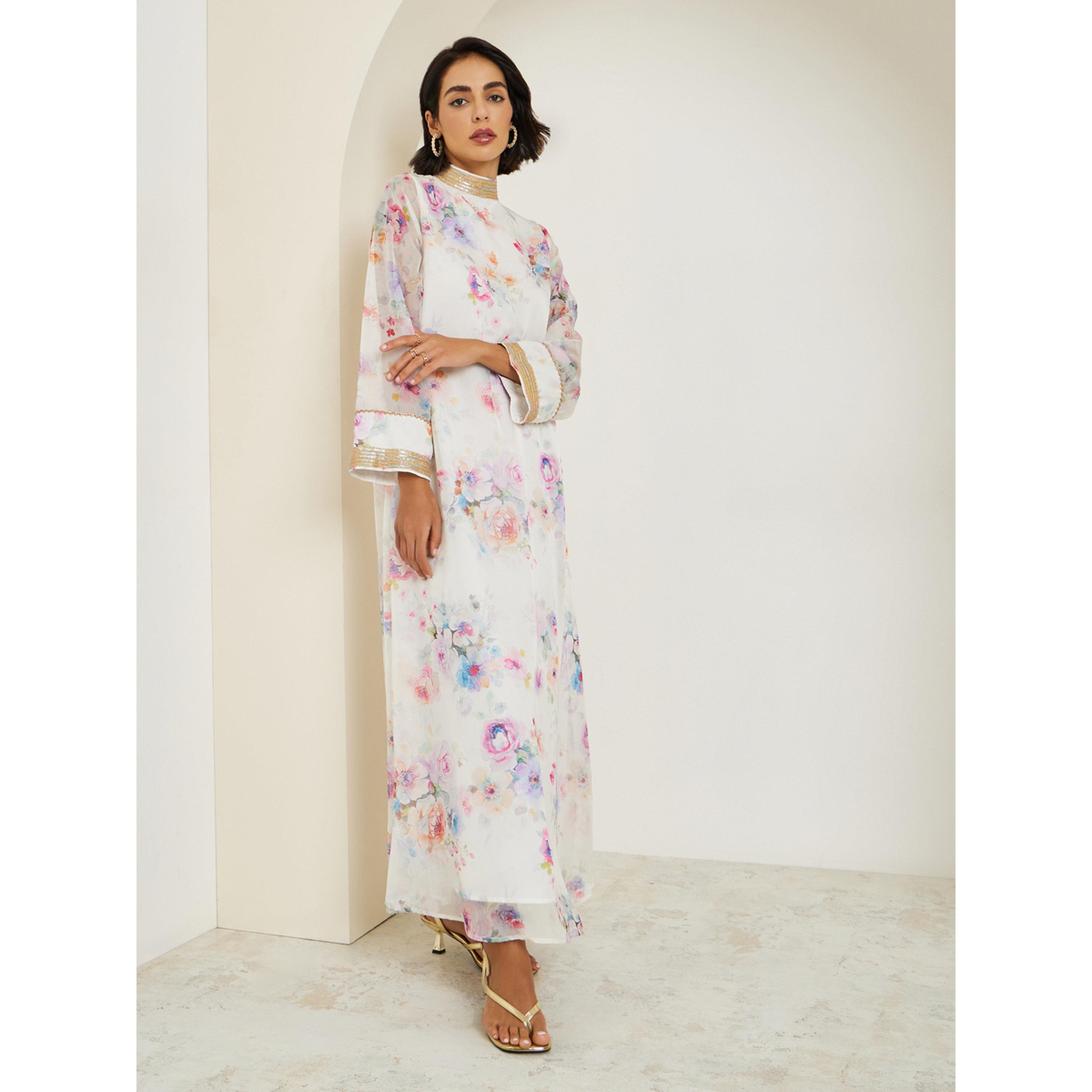 Styli Women Cream Floral Print Organza Jalabiya-women-arabicclothing-jalabiyas-image-3