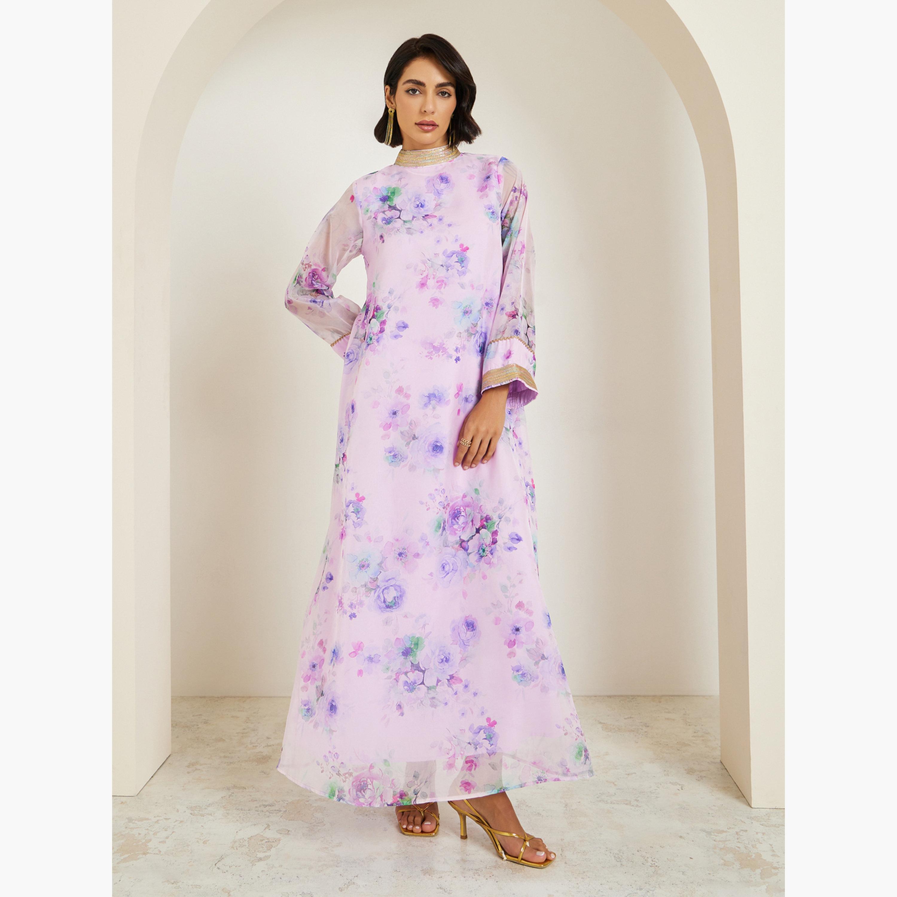 Styli Women Lilac Floral Print A-Line Jalabiya-women-arabicclothing-jalabiyas-image-1