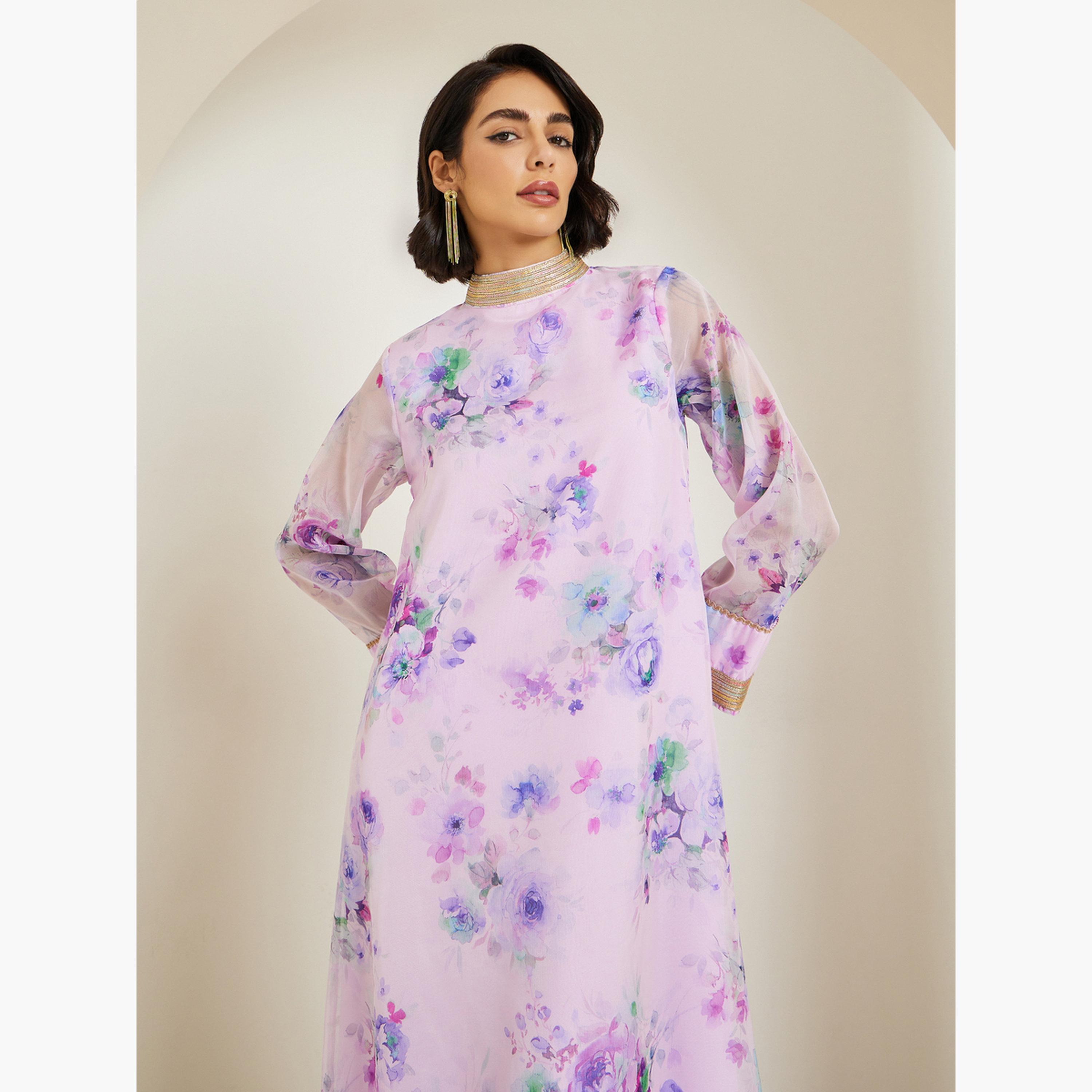 Styli Women Lilac Floral Print A-Line Jalabiya-women-arabicclothing-jalabiyas-image-2