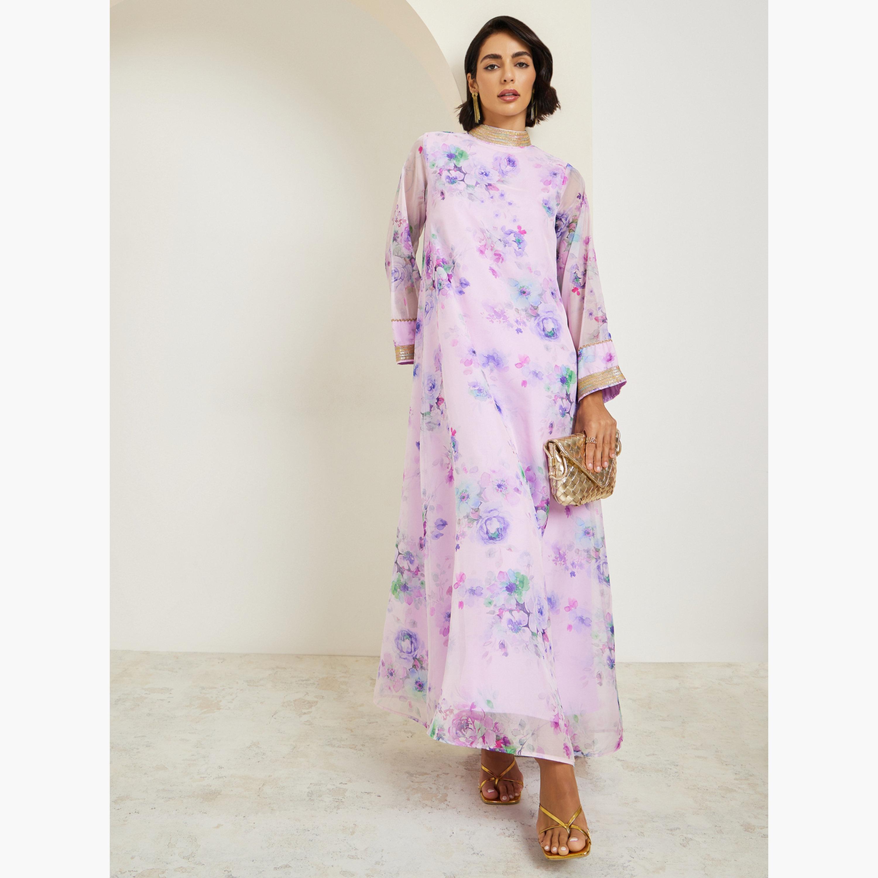 Styli Women Lilac Floral Print A-Line Jalabiya-women-arabicclothing-jalabiyas-image-3