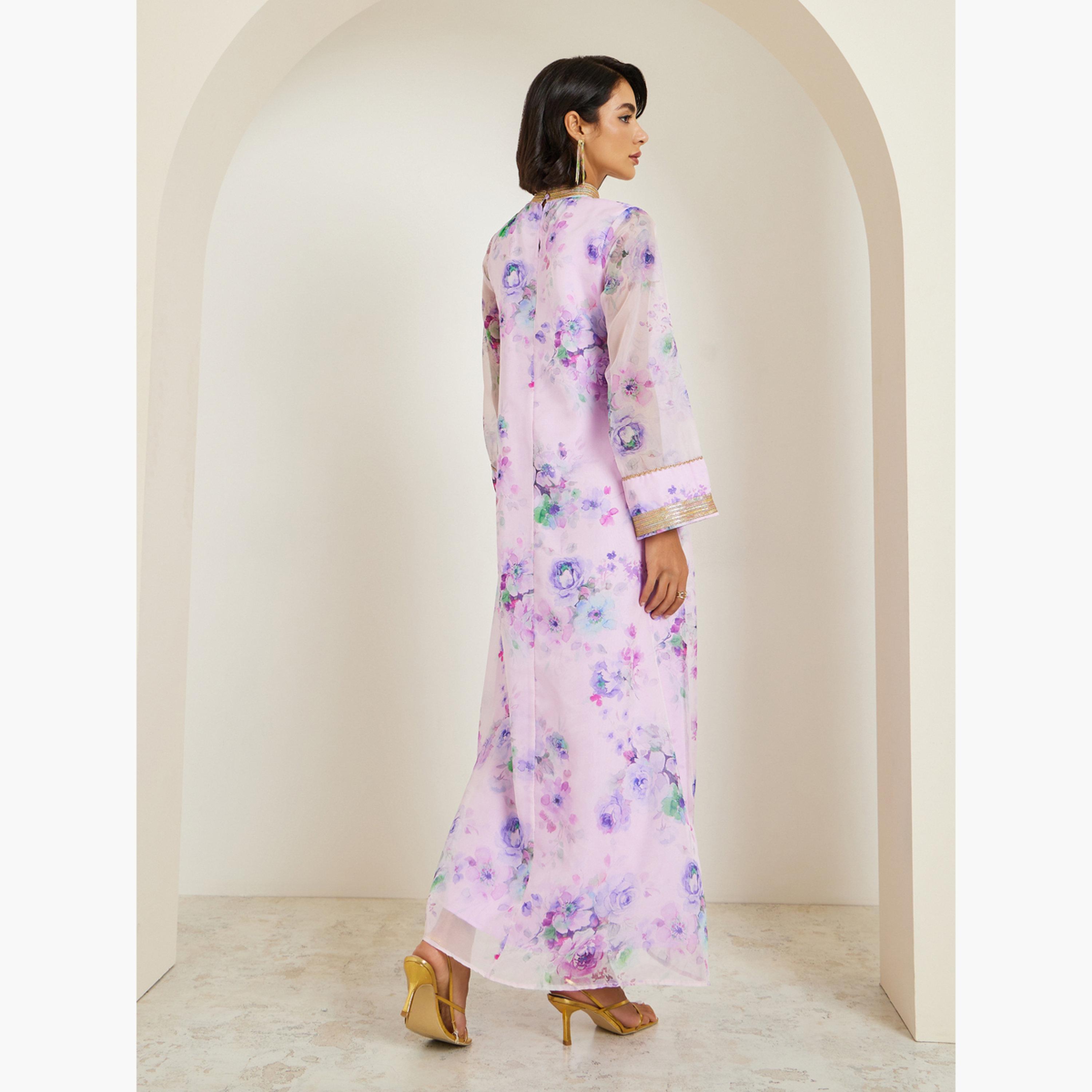 Styli Women Lilac Floral Print A-Line Jalabiya-women-arabicclothing-jalabiyas-image-5