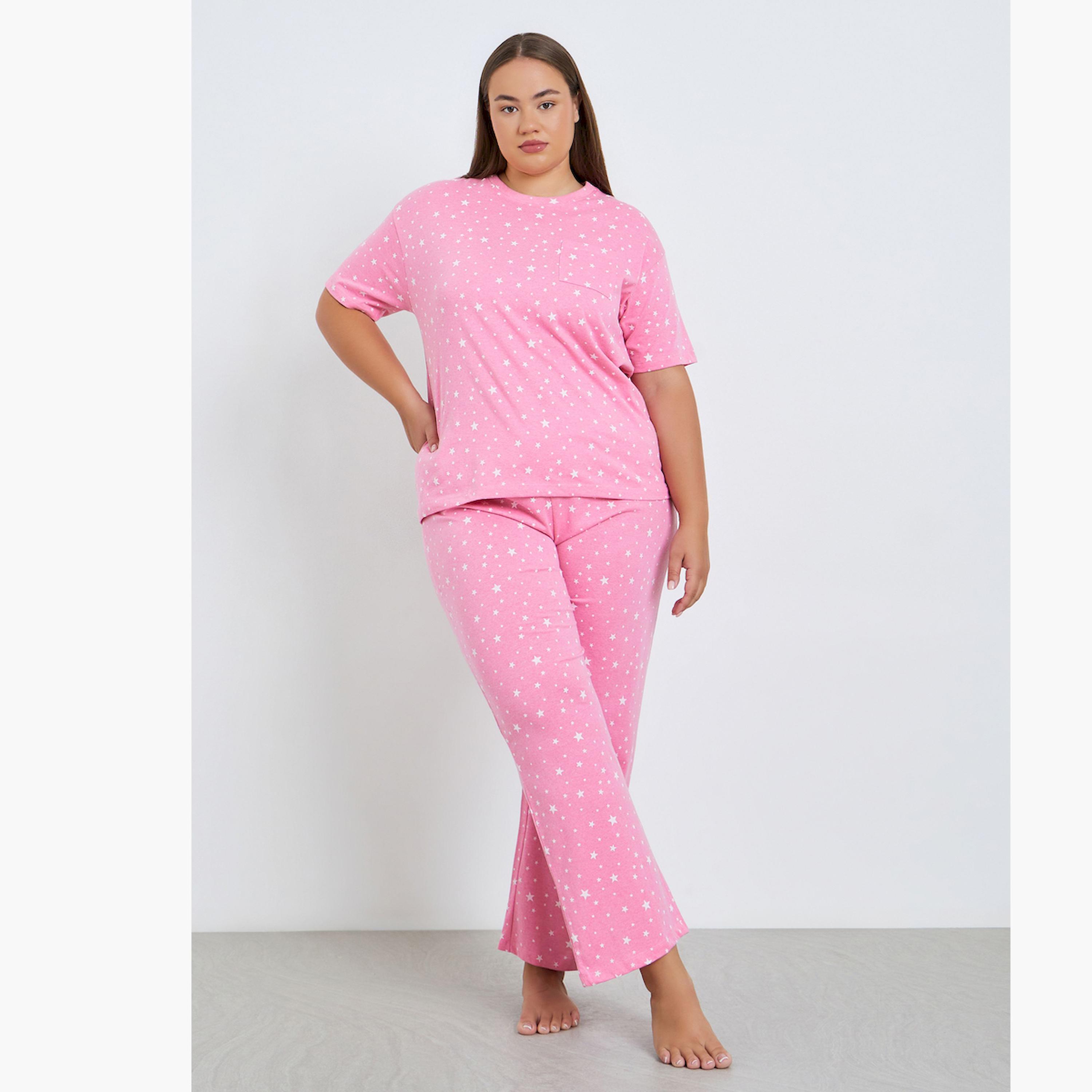 Styli Plus Size Pink Printed T-Shirt and Pyjama Set-women-clothing-nightwear-pyjamas-longsets-image-1