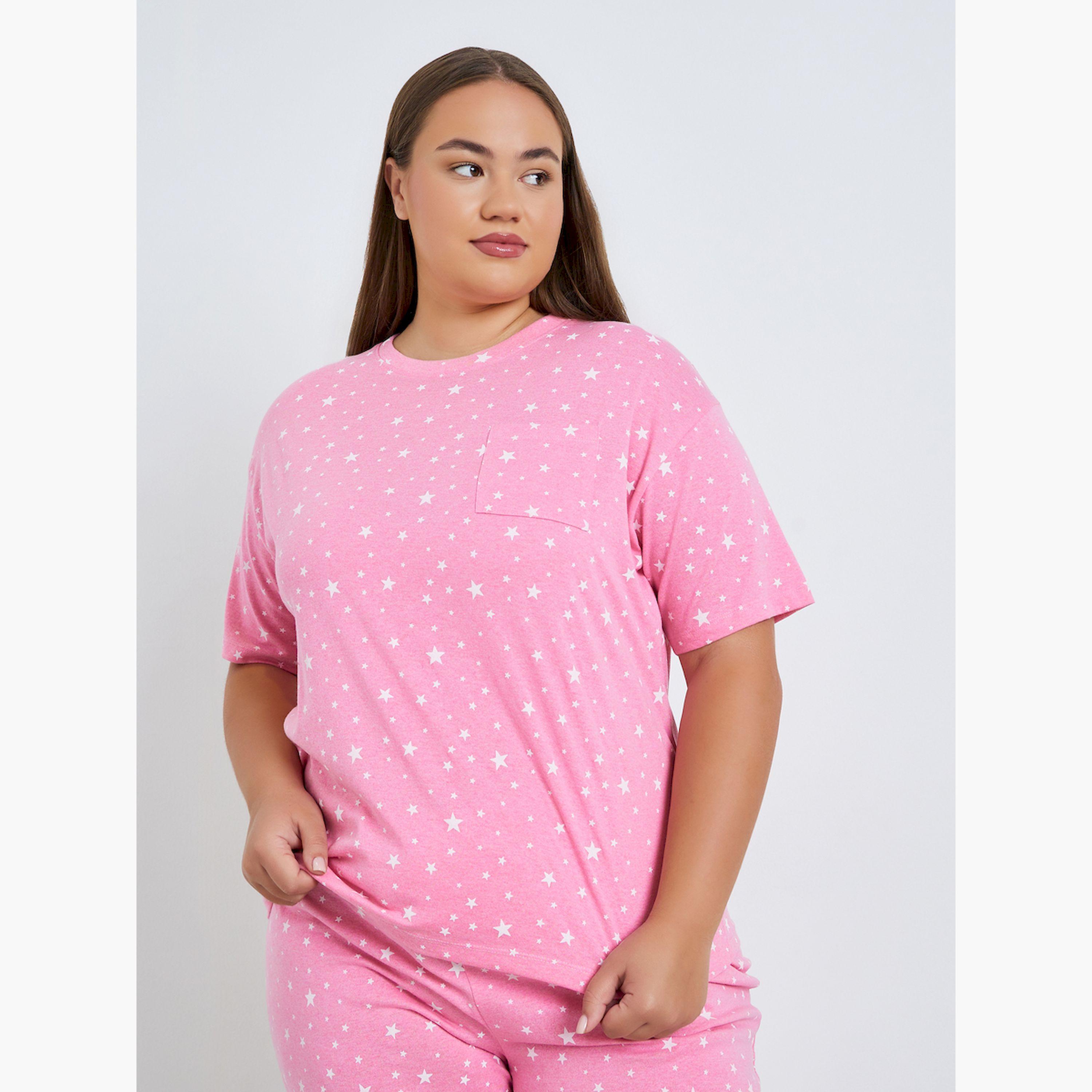 Styli Plus Size Pink Printed T-Shirt and Pyjama Set-women-clothing-nightwear-pyjamas-longsets-image-2