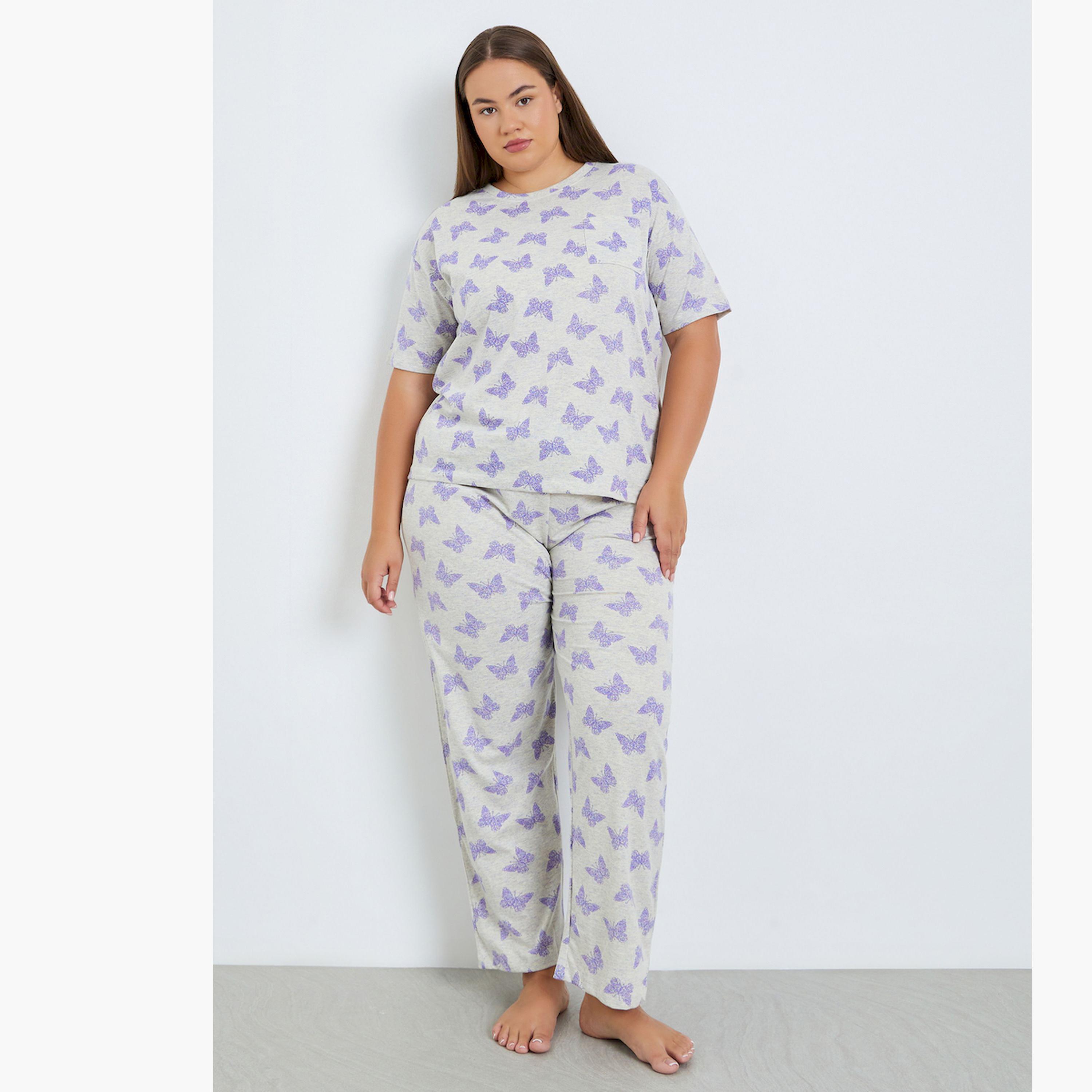 Styli Plus Size Cream Printed T-Shirt and Pyjama Set-women-clothing-nightwear-pyjamas-longsets-image-1