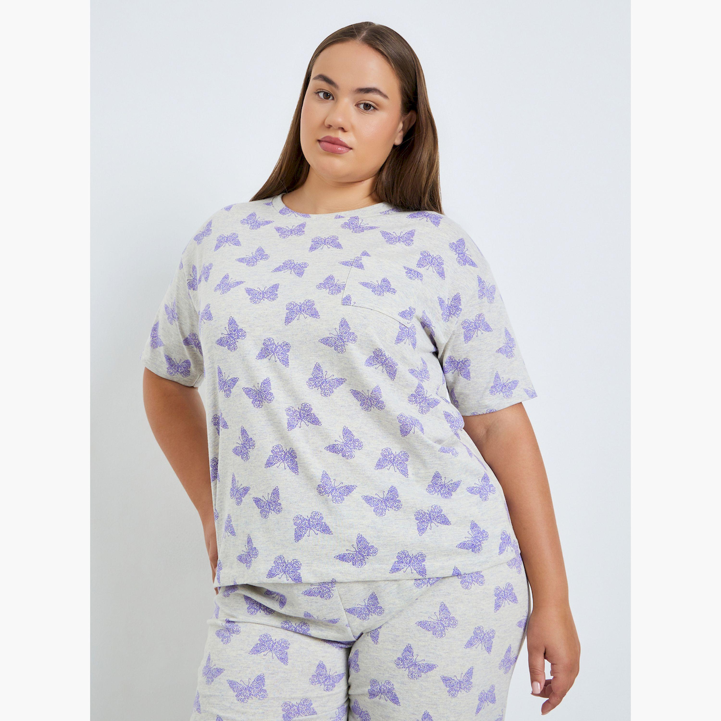 Styli Plus Size Cream Printed T-Shirt and Pyjama Set-women-clothing-nightwear-pyjamas-longsets-image-2