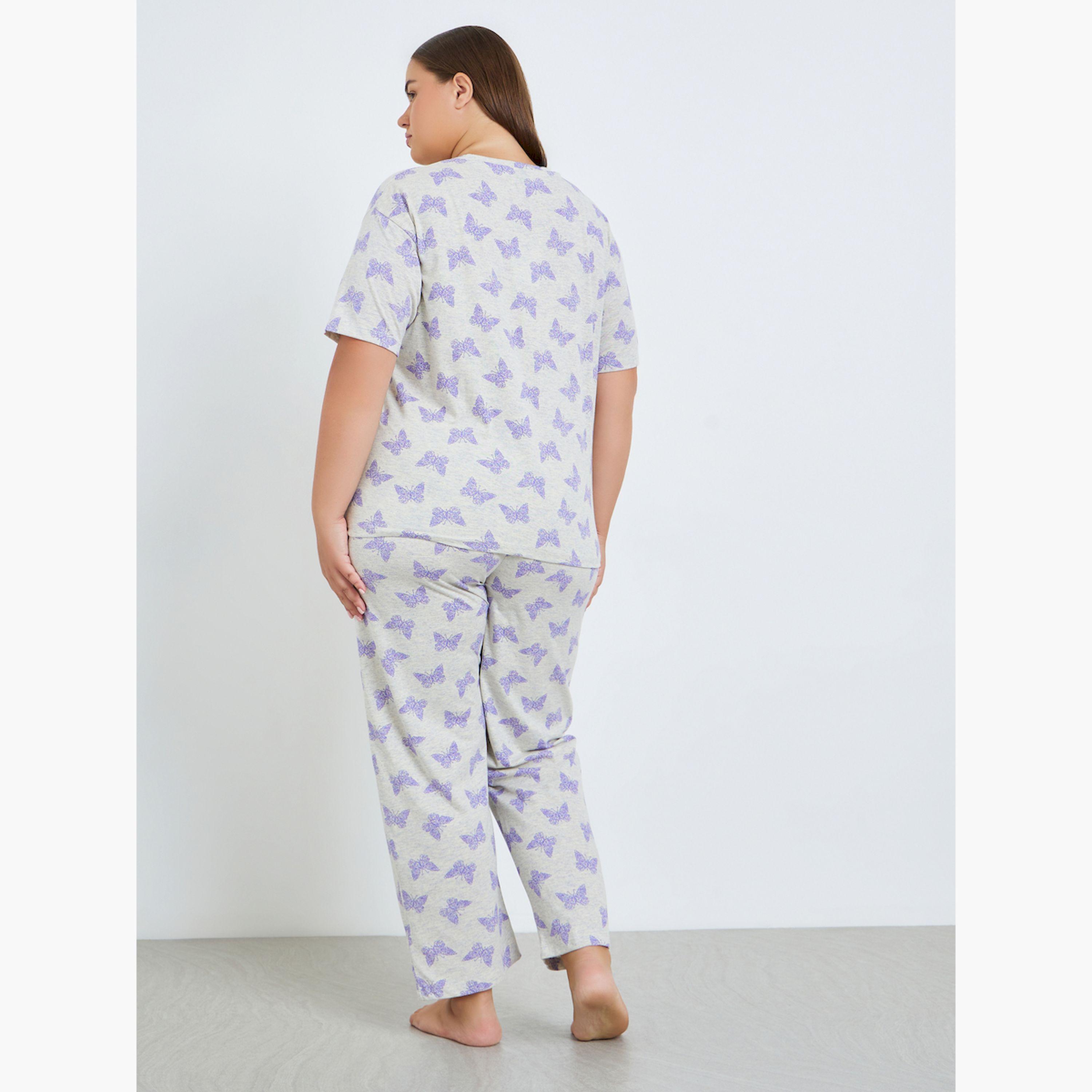 Styli Plus Size Cream Printed T-Shirt and Pyjama Set-women-clothing-nightwear-pyjamas-longsets-image-3