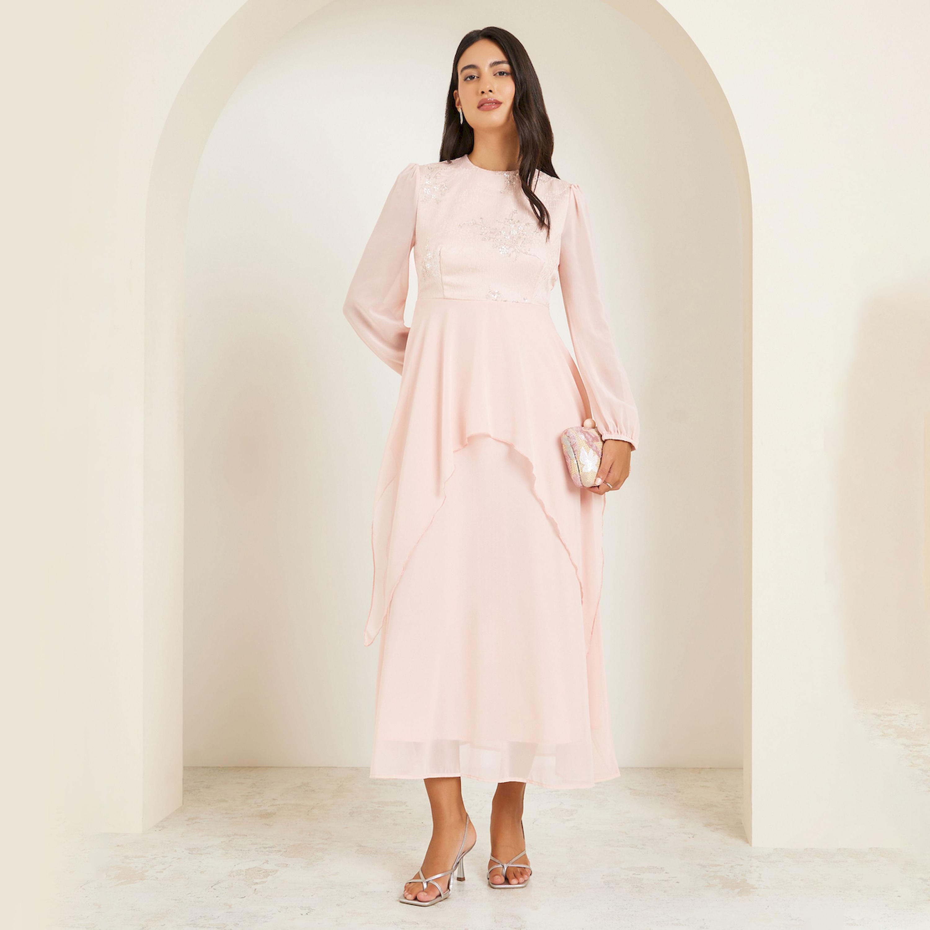 فستان طويل منمق بأكمام طويلة وكسرات-women-clothing-dresses-image-1