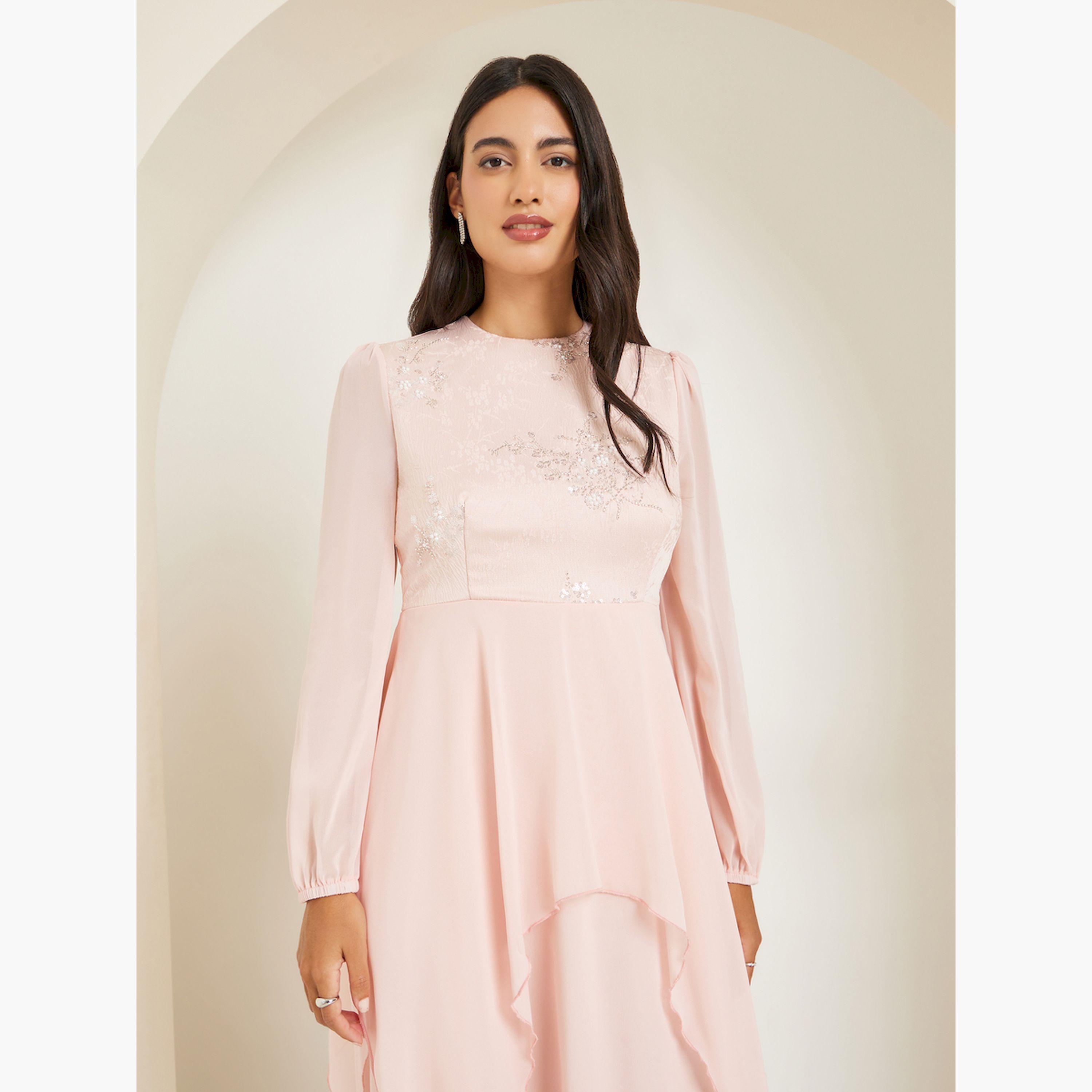 Styli Pink Embellished Long Sleeves Tiered Maxi Dress-women-clothing-dresses-image-2