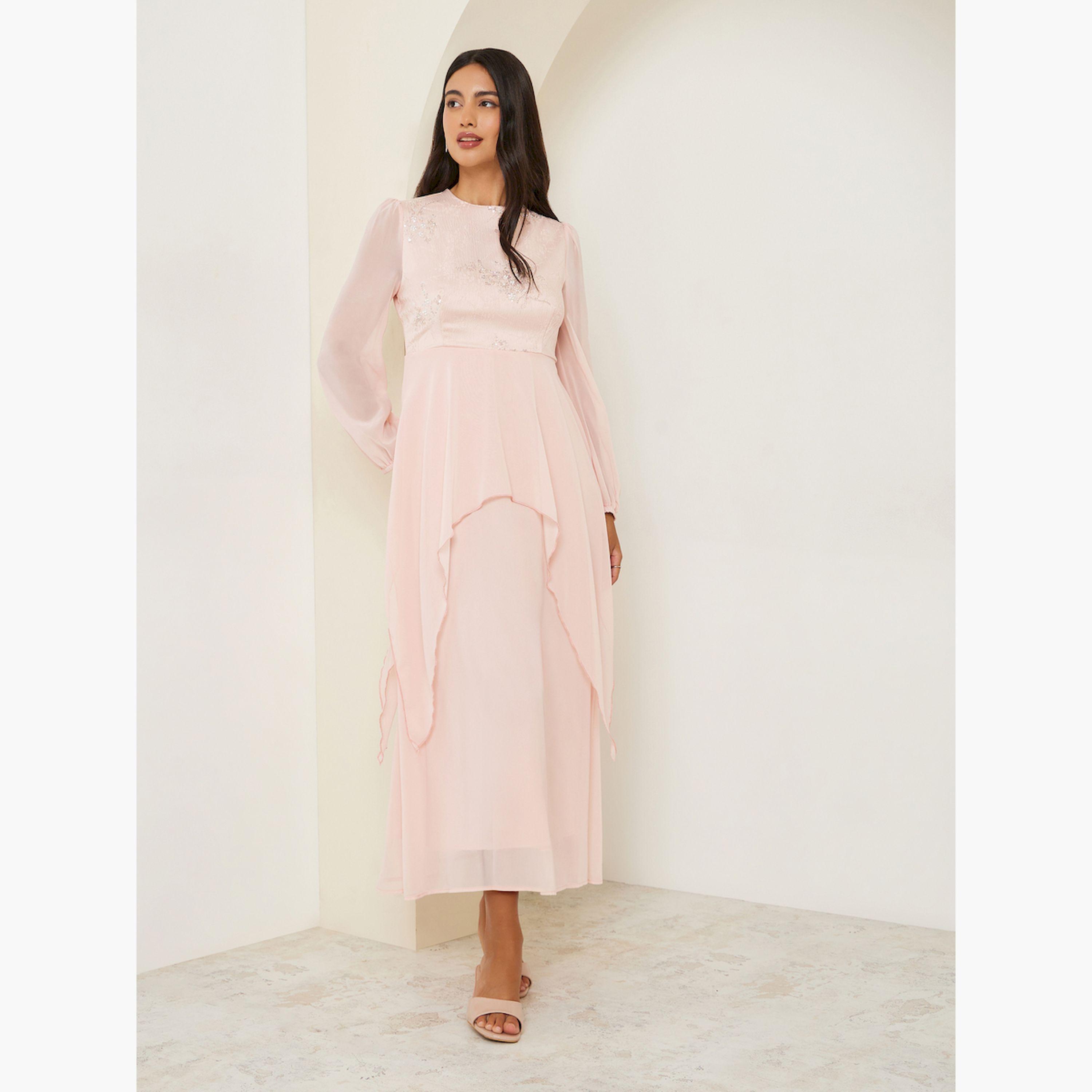 فستان طويل منمق بأكمام طويلة وكسرات-women-clothing-dresses-image-3