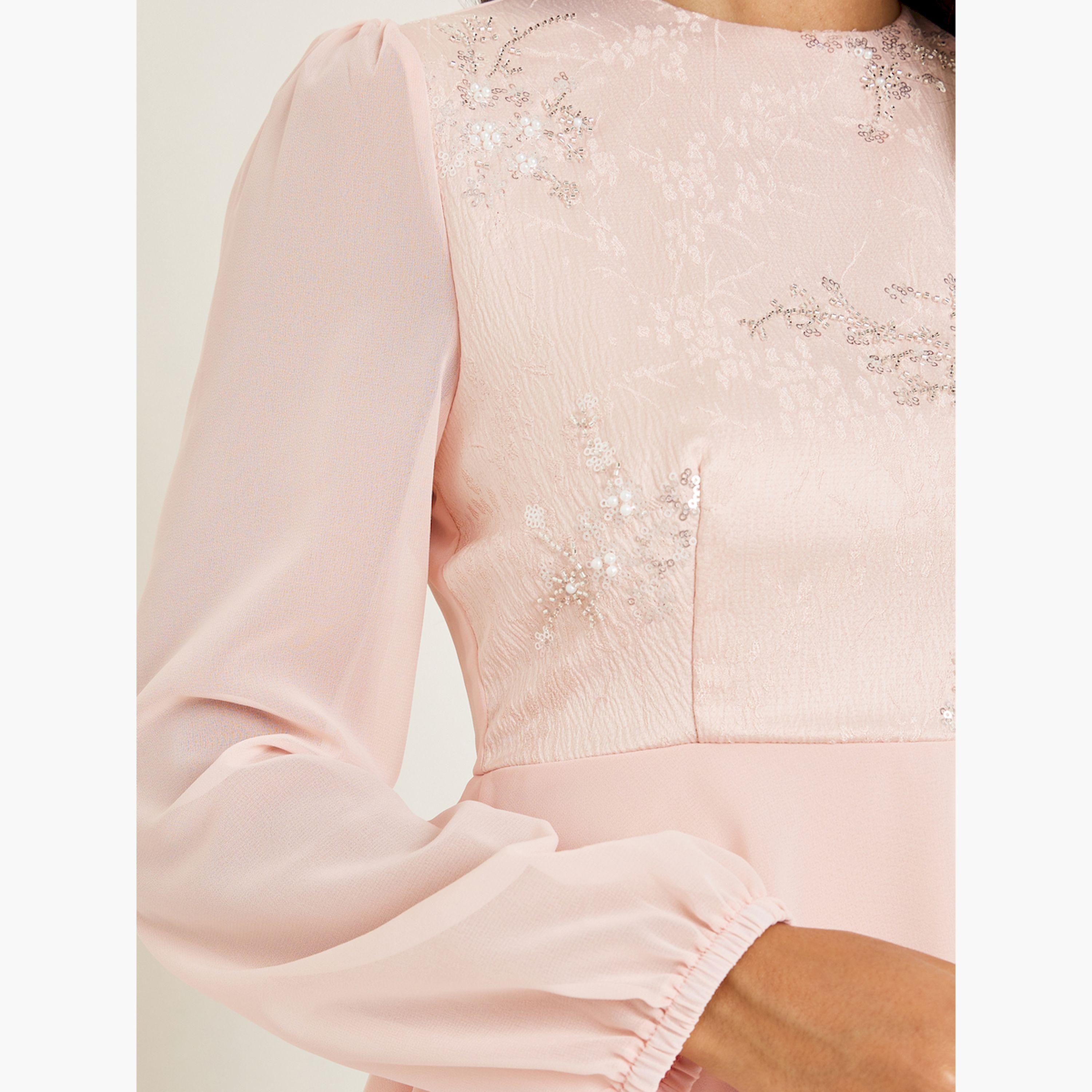 Styli Pink Embellished Long Sleeves Tiered Maxi Dress-women-clothing-dresses-image-4