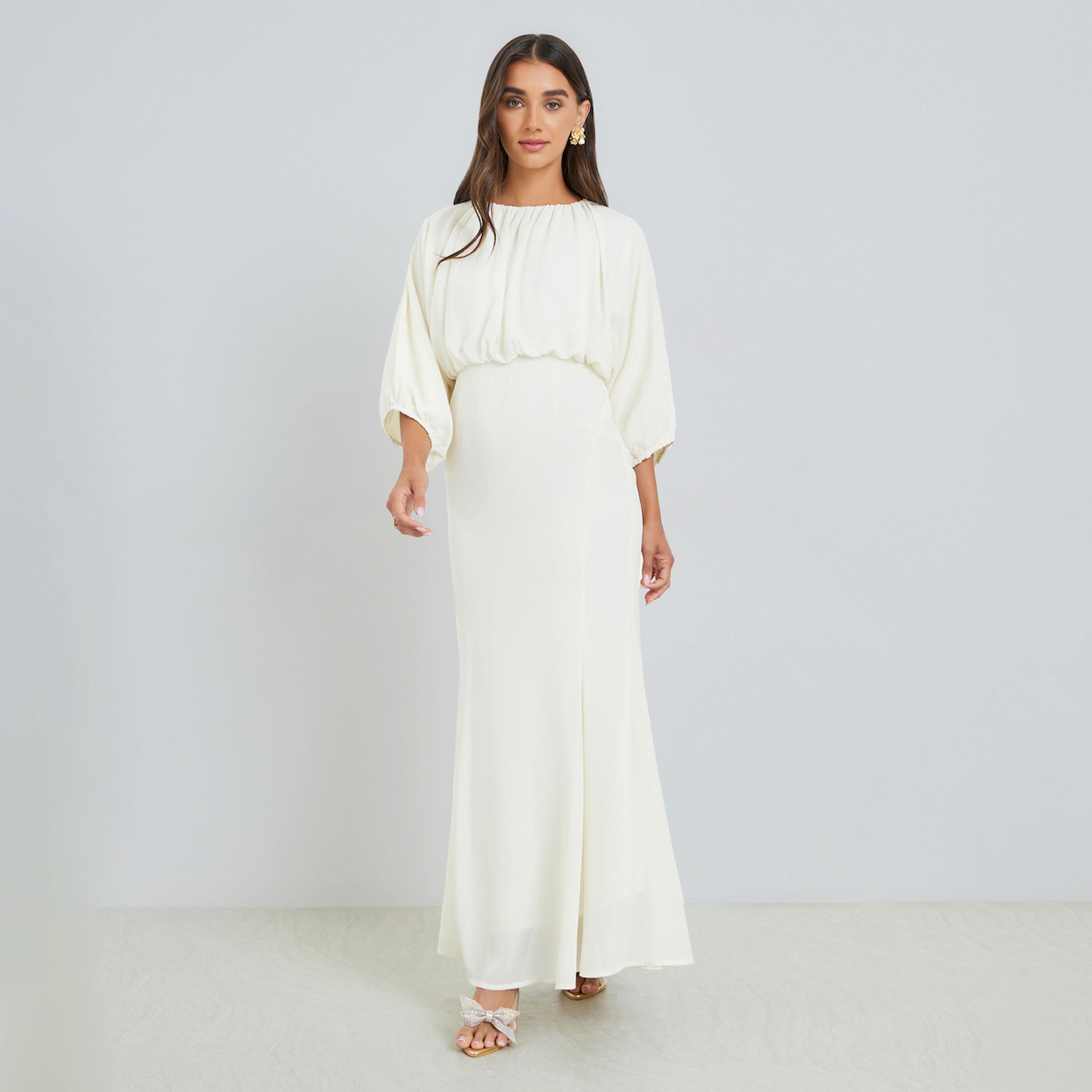 Styli Women Cream Blouson Mermaid Hem Maxi Dress-women-clothing-dresses-image-1