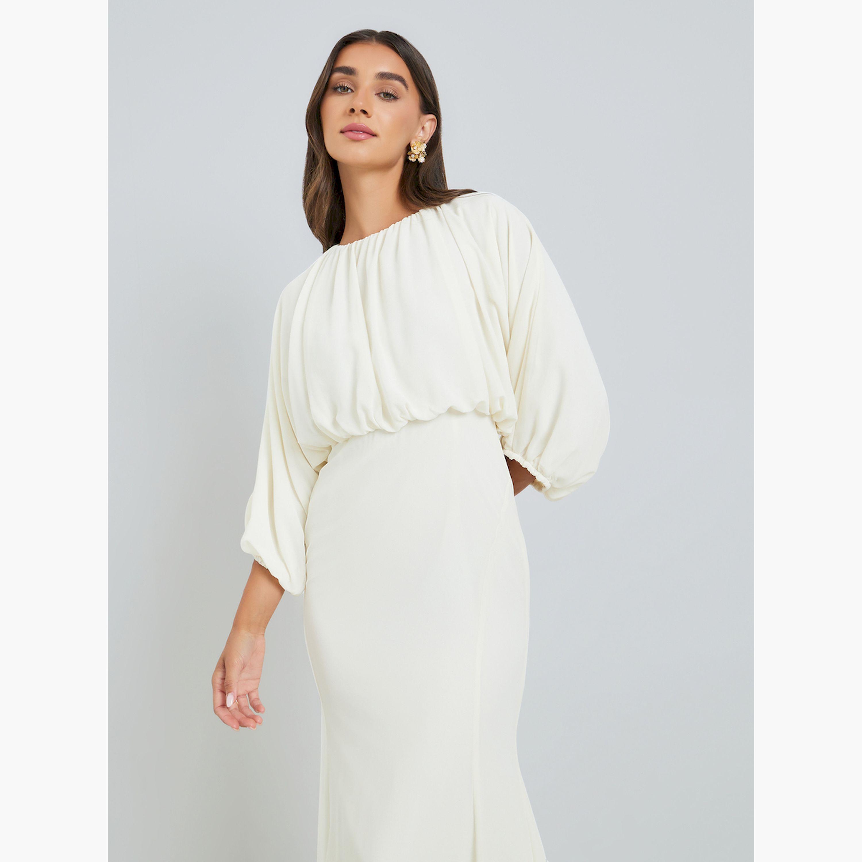 فستان طويل بحافة حورية البحر لون كريمي-women-clothing-dresses-image-2