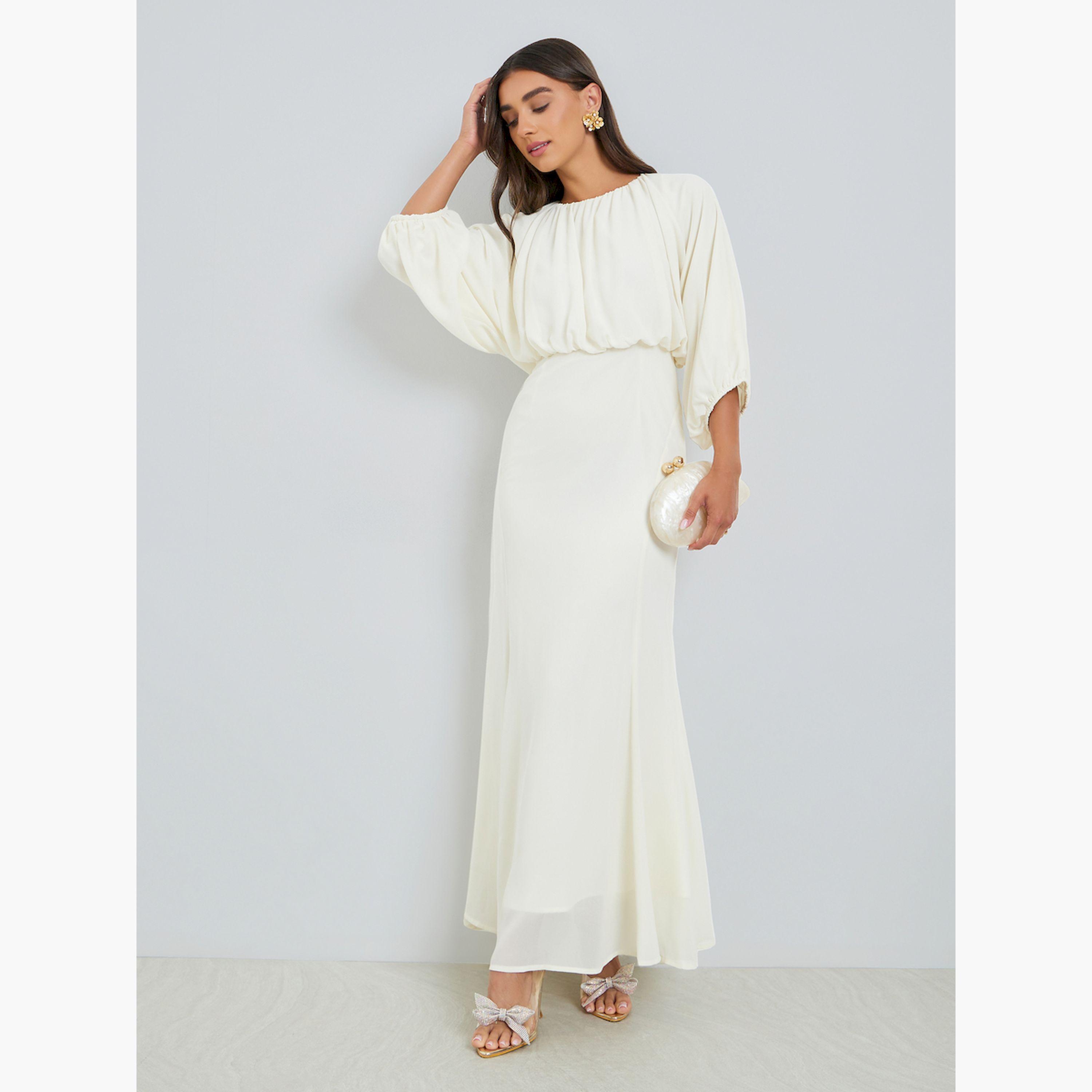 Styli Women Cream Blouson Mermaid Hem Maxi Dress-women-clothing-dresses-image-3