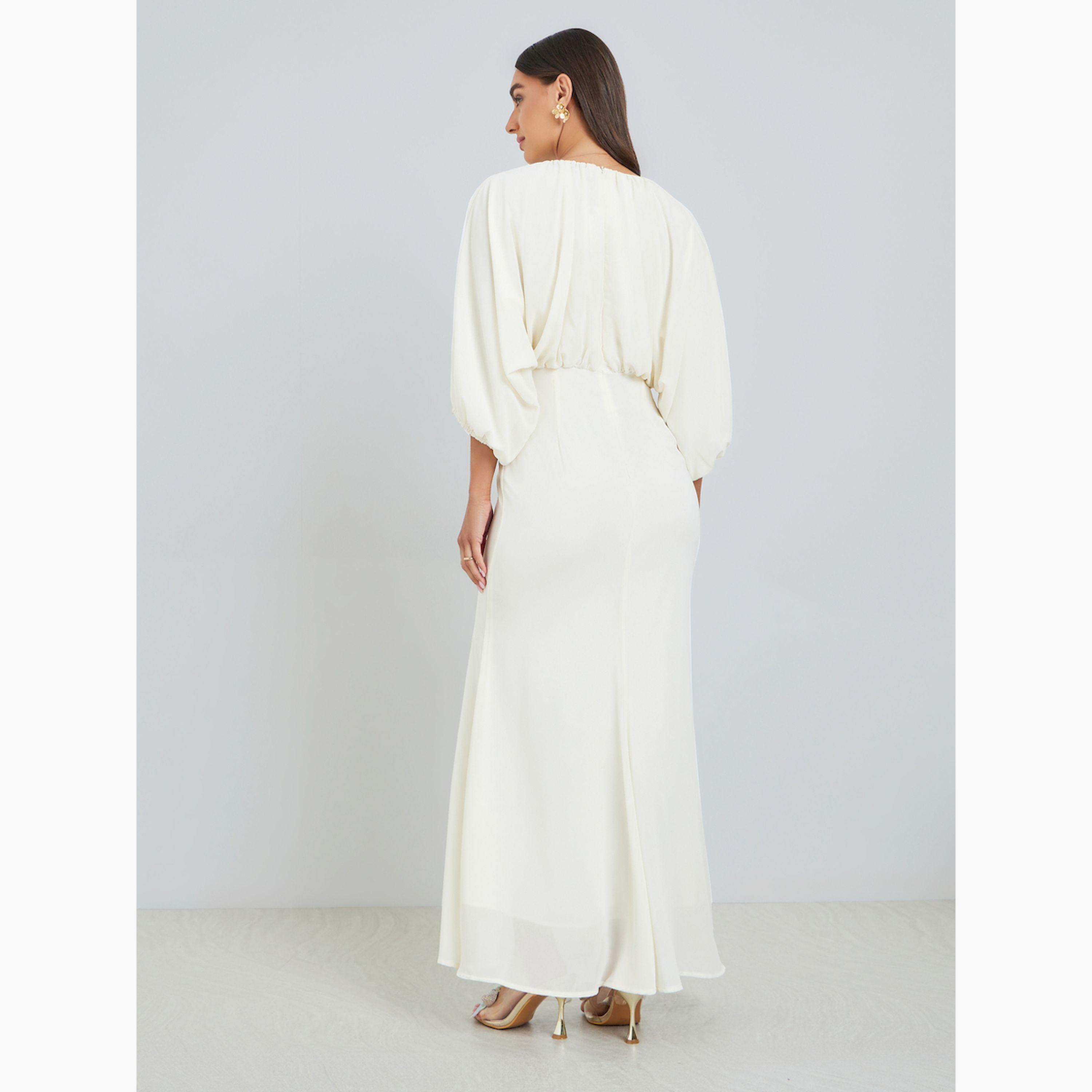 فستان طويل بحافة حورية البحر لون كريمي-women-clothing-dresses-image-4