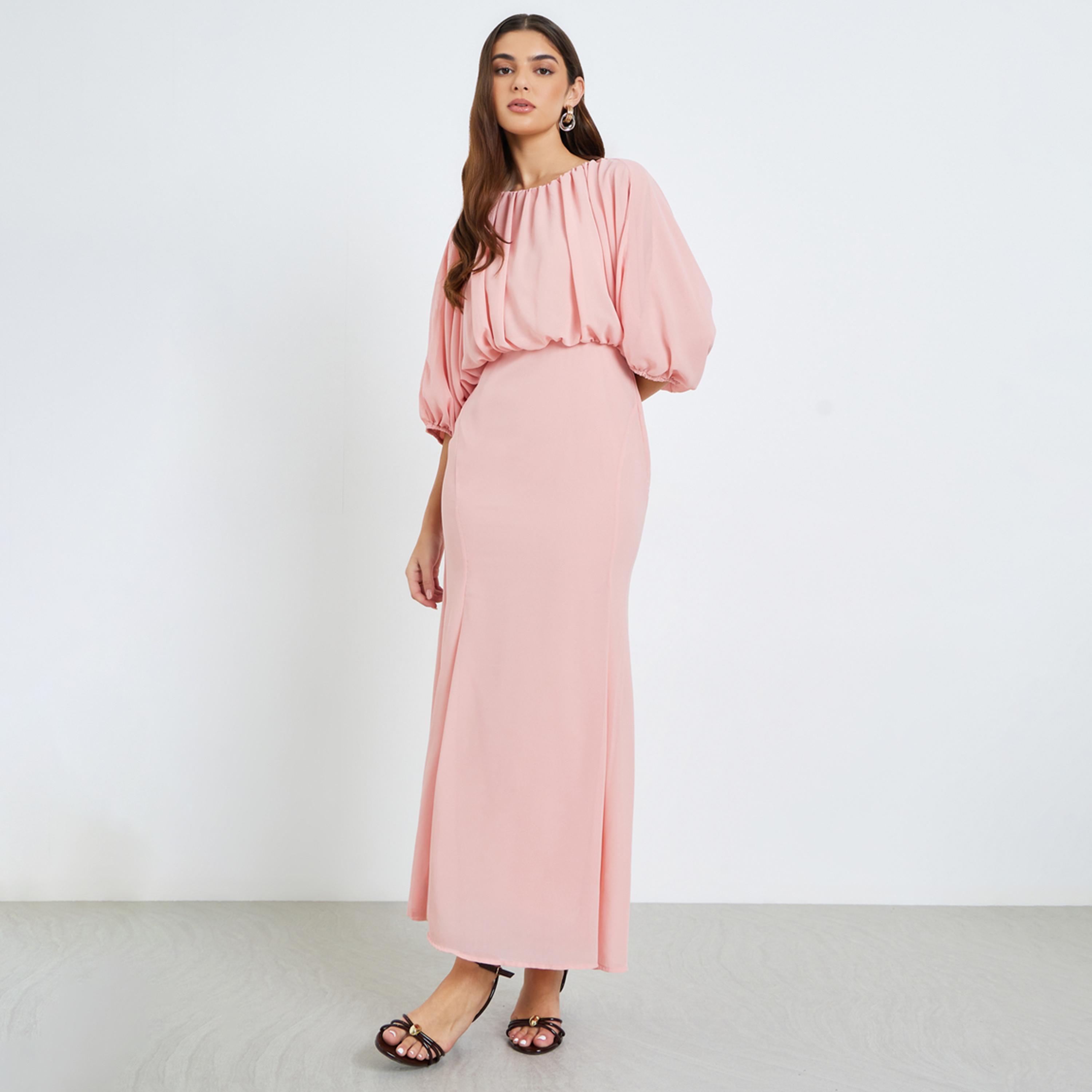 Styli Women Peach Balloon Sleeves Mermaid Hem Maxi Dress-women-clothing-dresses-image-1