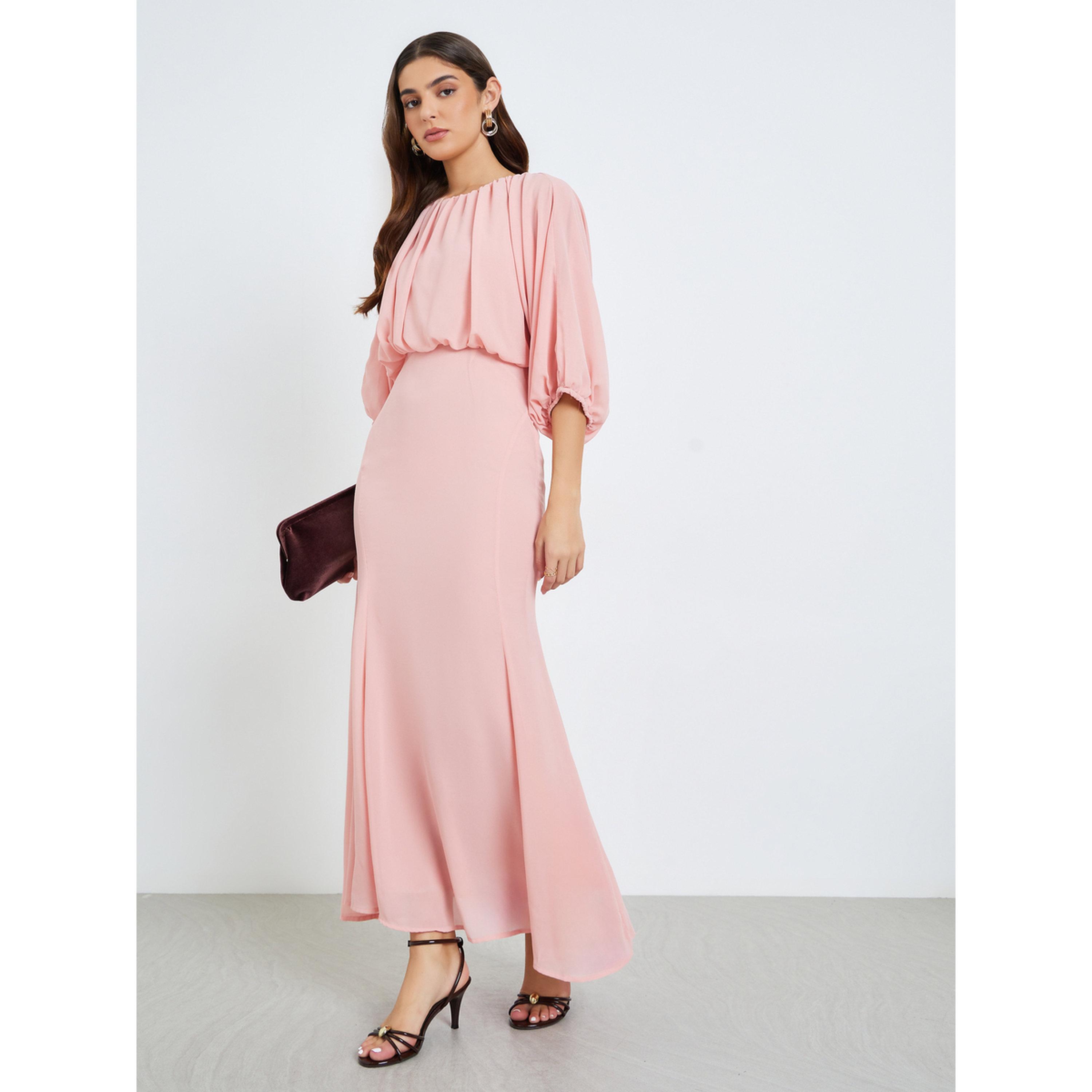 Styli Women Peach Balloon Sleeves Mermaid Hem Maxi Dress-women-clothing-dresses-image-3