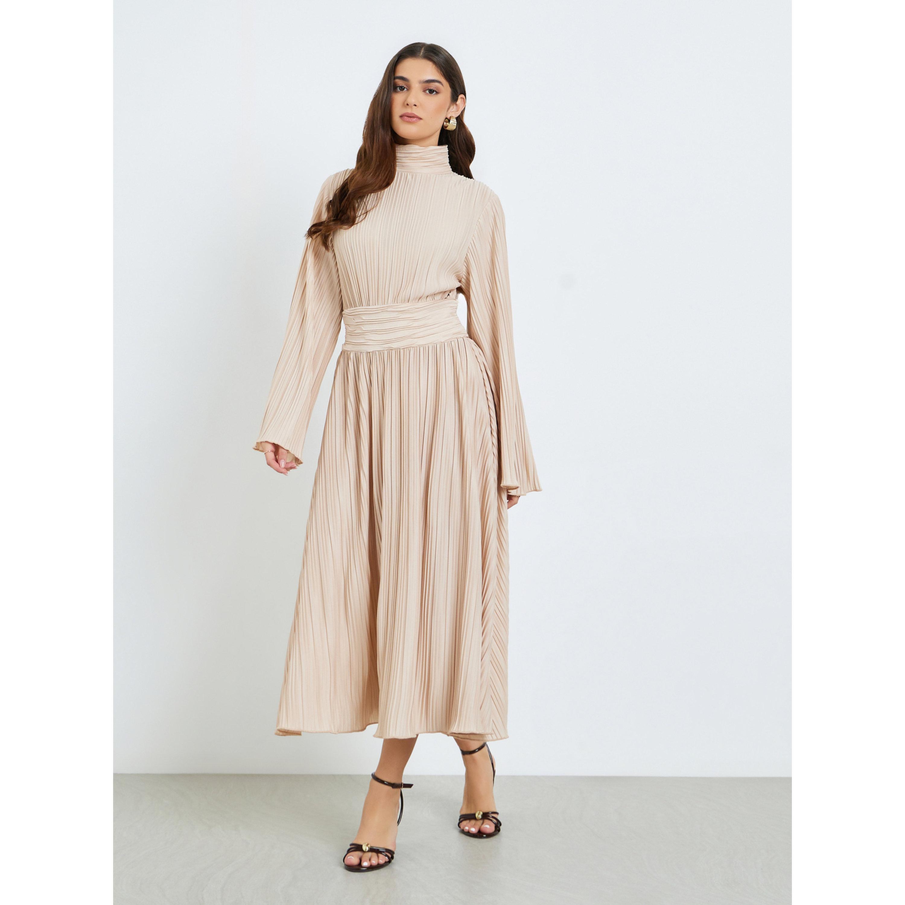 Styli Women Beige Textured Pleated A-Line Midi Dress-women-clothing-dresses-image-1
