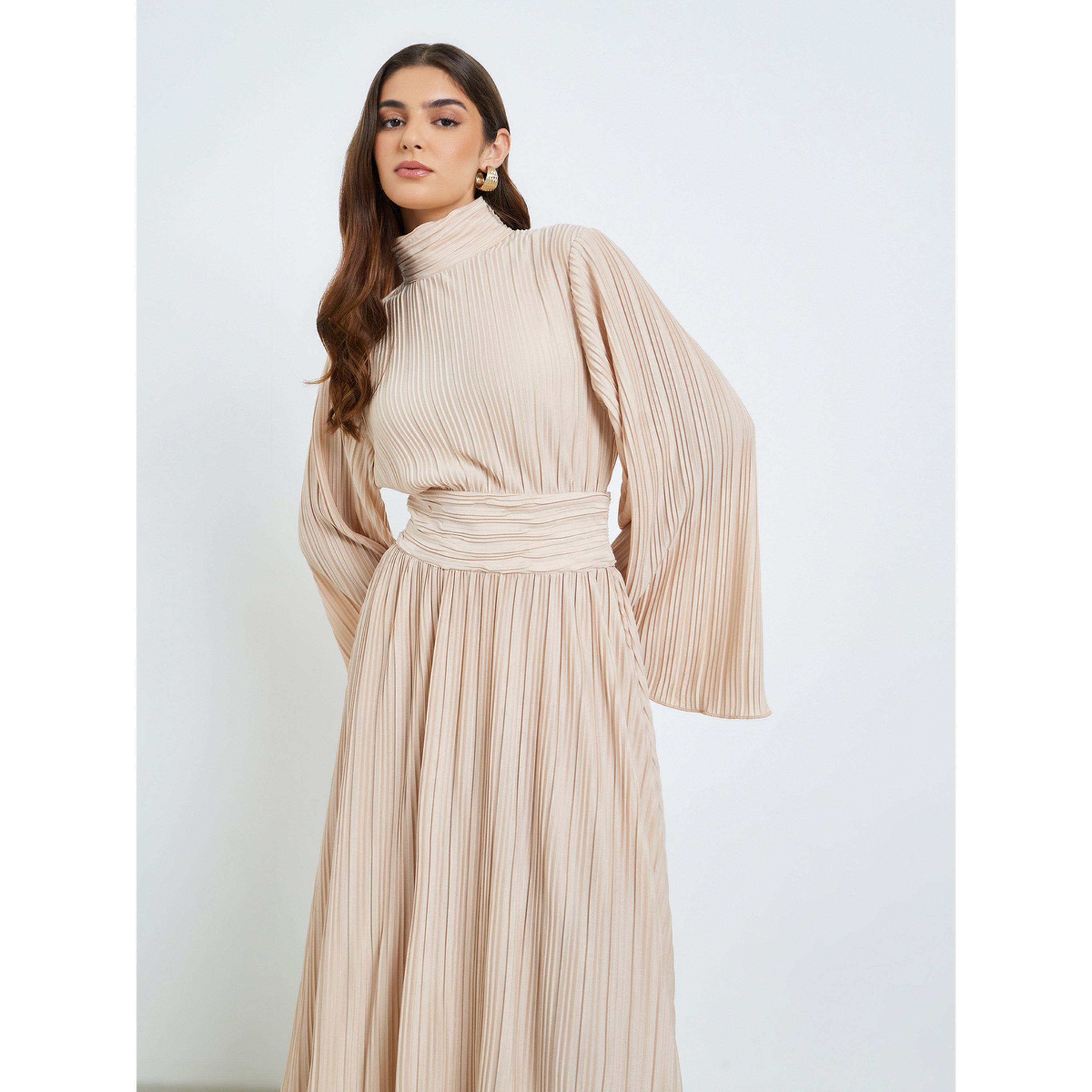 Styli Women Beige Textured Pleated A-Line Midi Dress-women-clothing-dresses-image-2