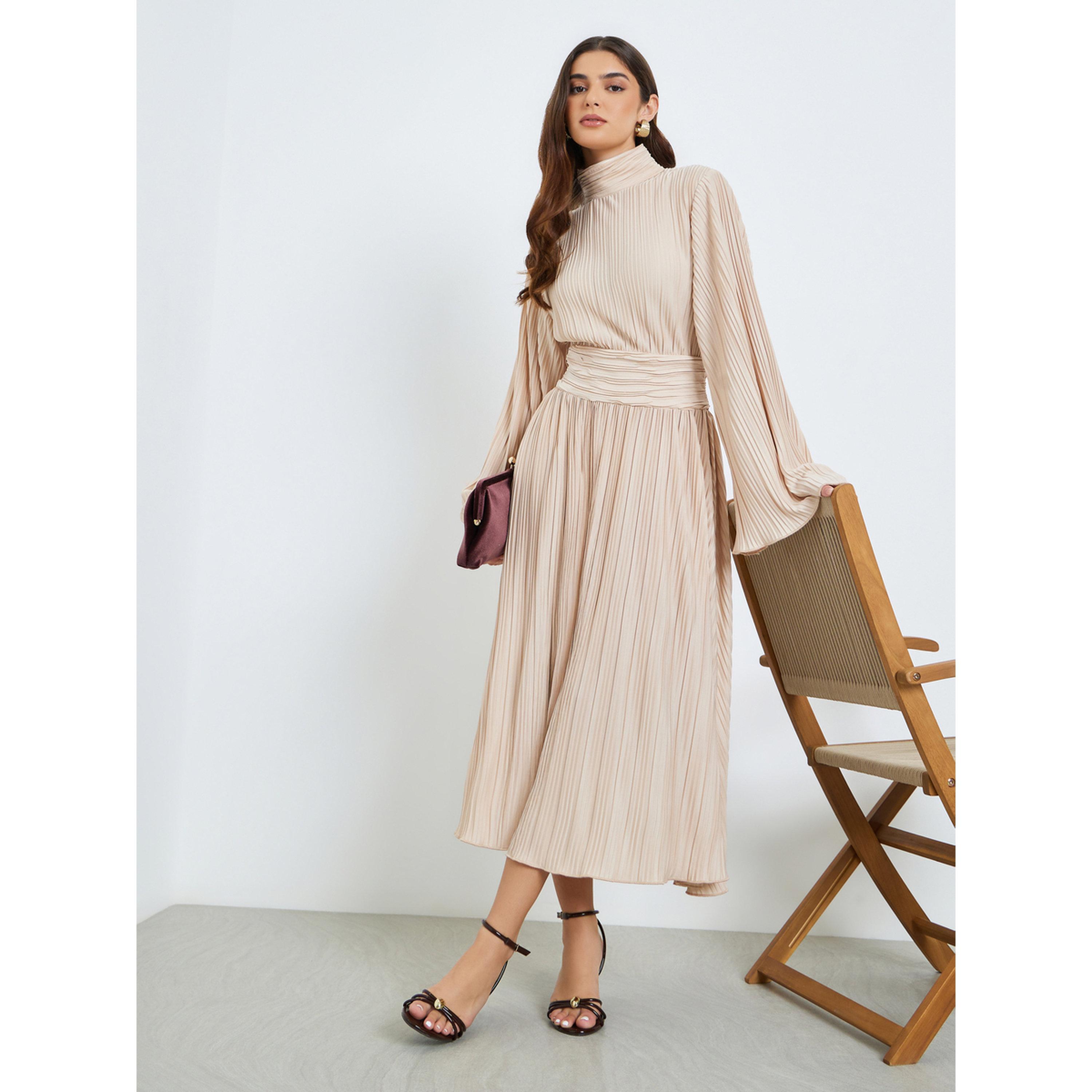 Styli Women Beige Textured Pleated A-Line Midi Dress-women-clothing-dresses-image-3