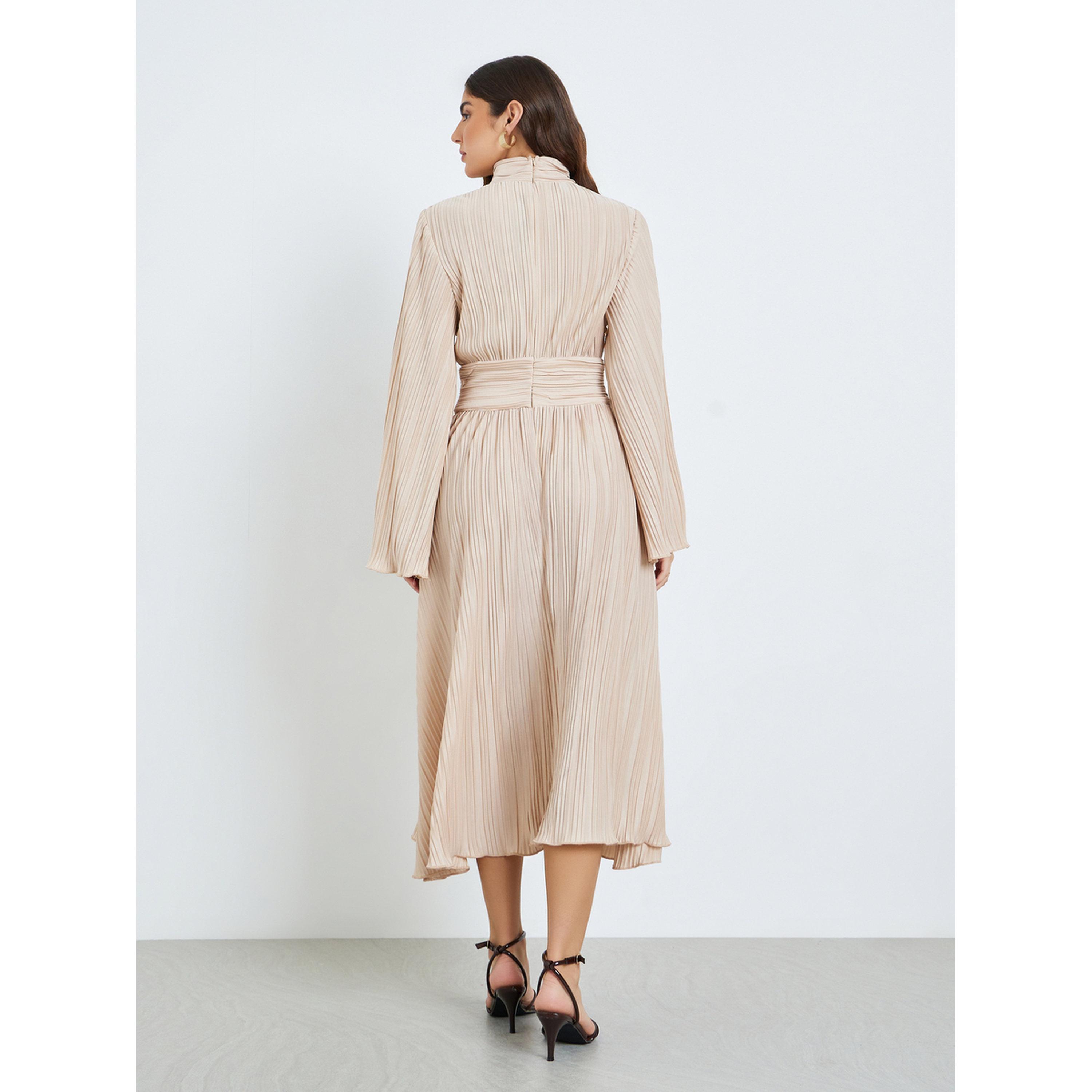 Styli Women Beige Textured Pleated A-Line Midi Dress-women-clothing-dresses-image-4