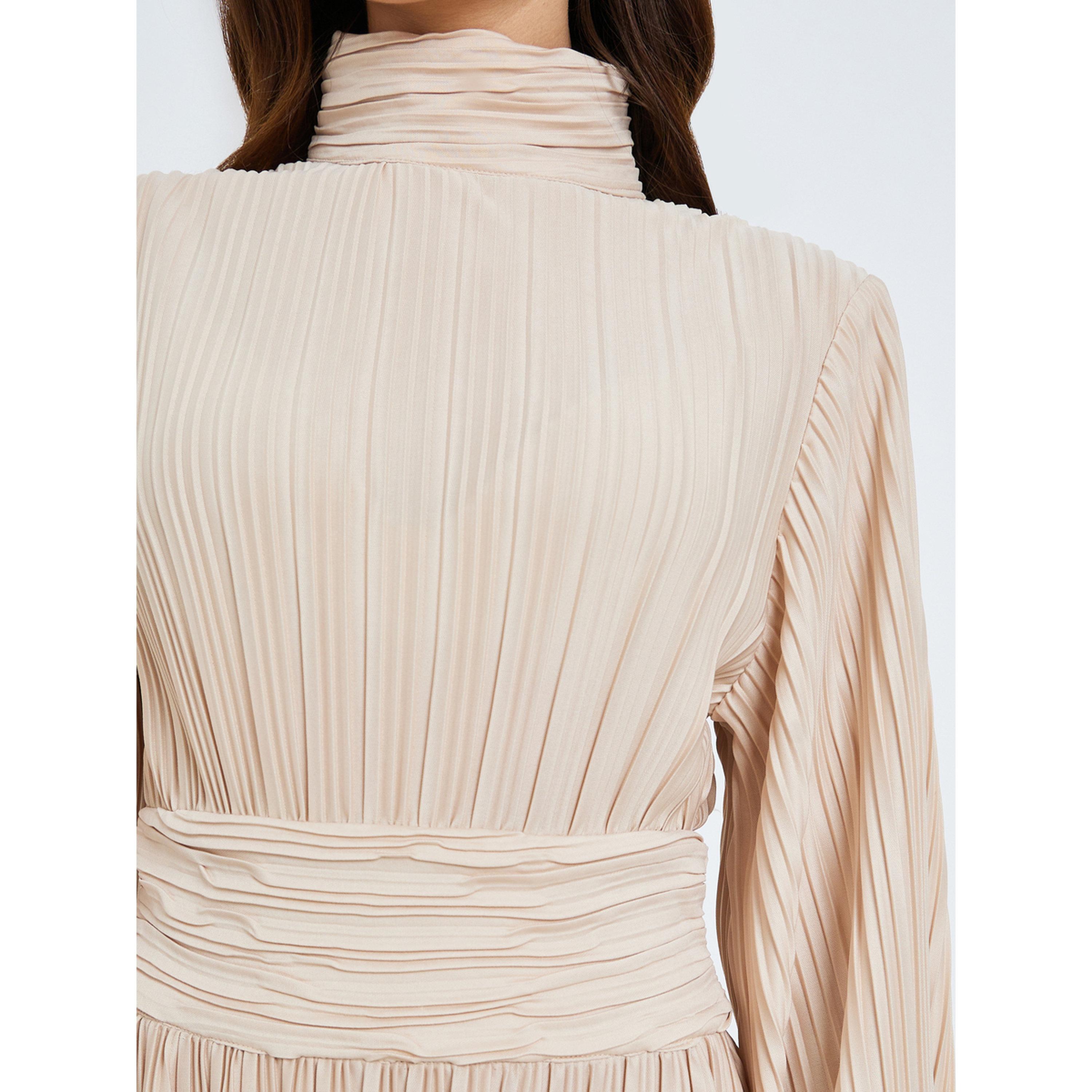 Styli Women Beige Textured Pleated A-Line Midi Dress-women-clothing-dresses-image-5