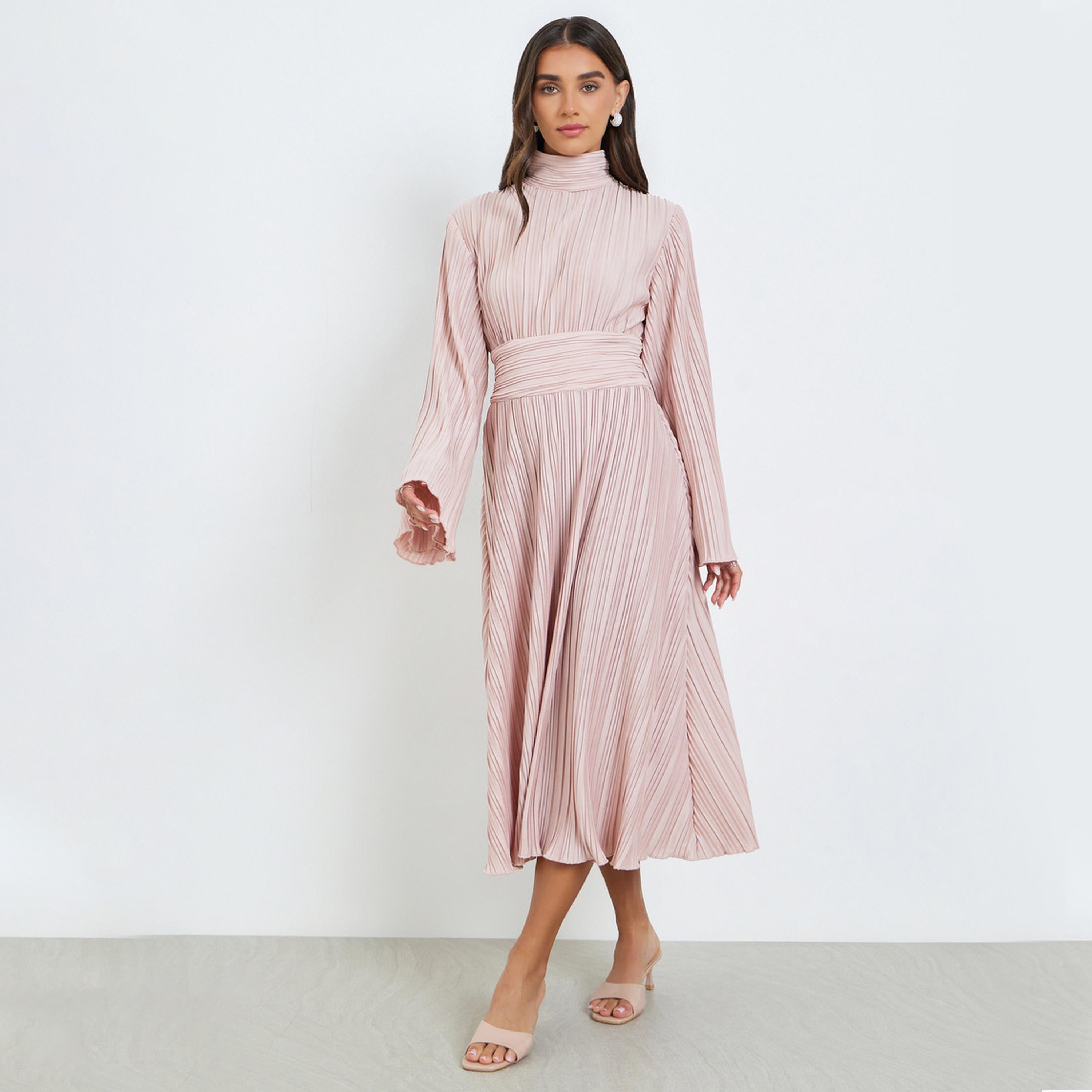 فستان ميدي بأكمام جرس وكسرات-women-clothing-dresses-image-1
