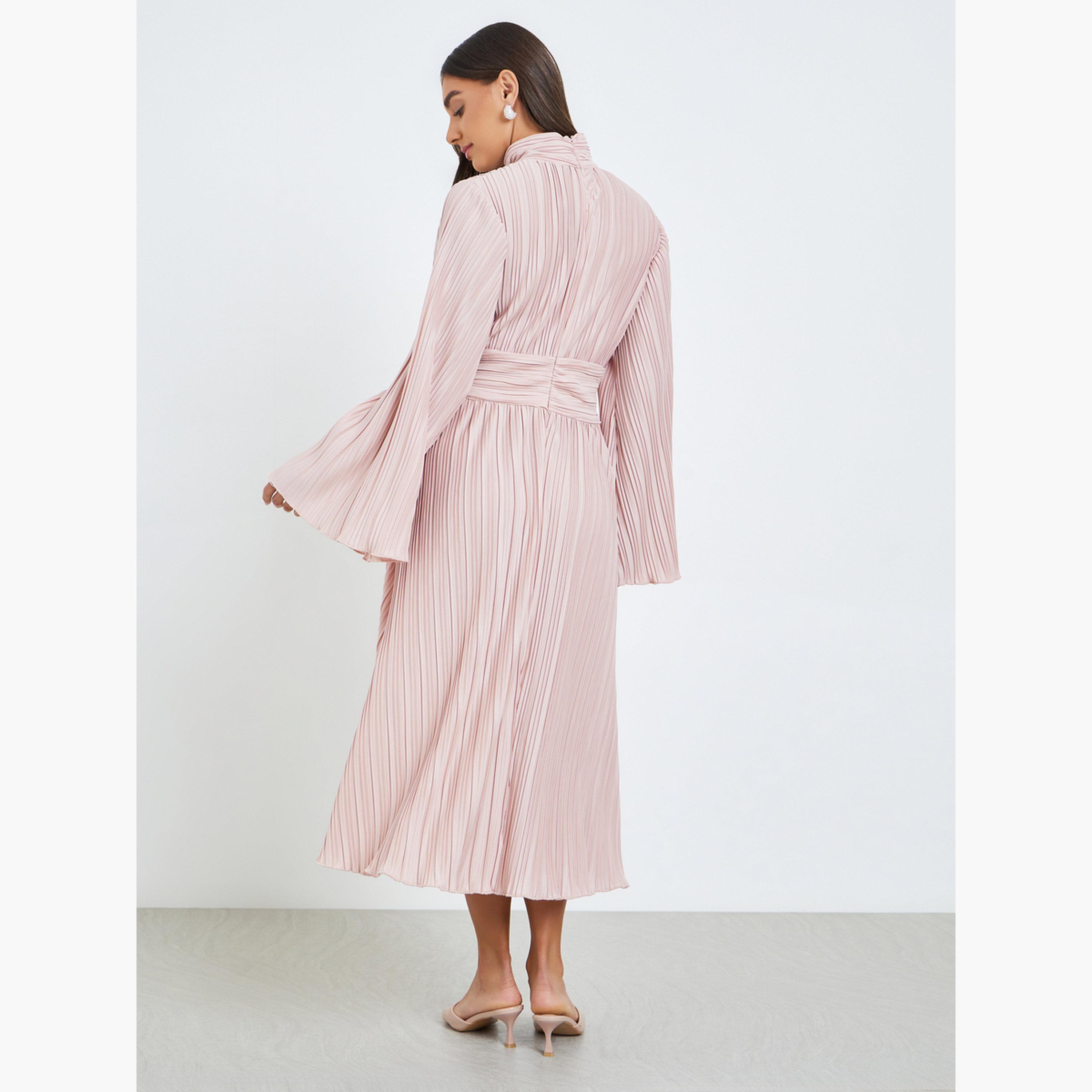 فستان ميدي بأكمام جرس وكسرات-women-clothing-dresses-image-3