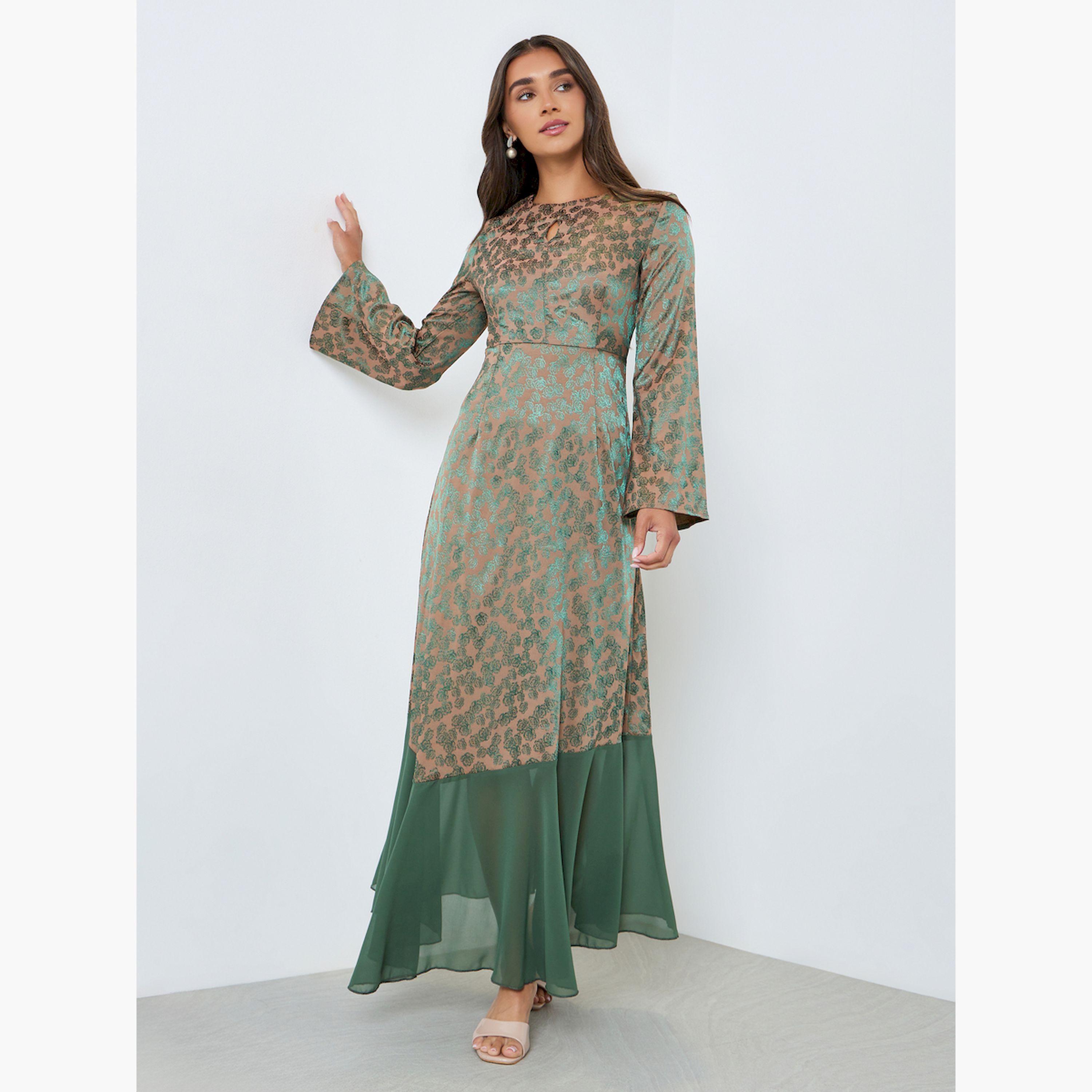 فستان طويل بطبعة زهور وحافة متباينة-women-clothing-dresses-image-1
