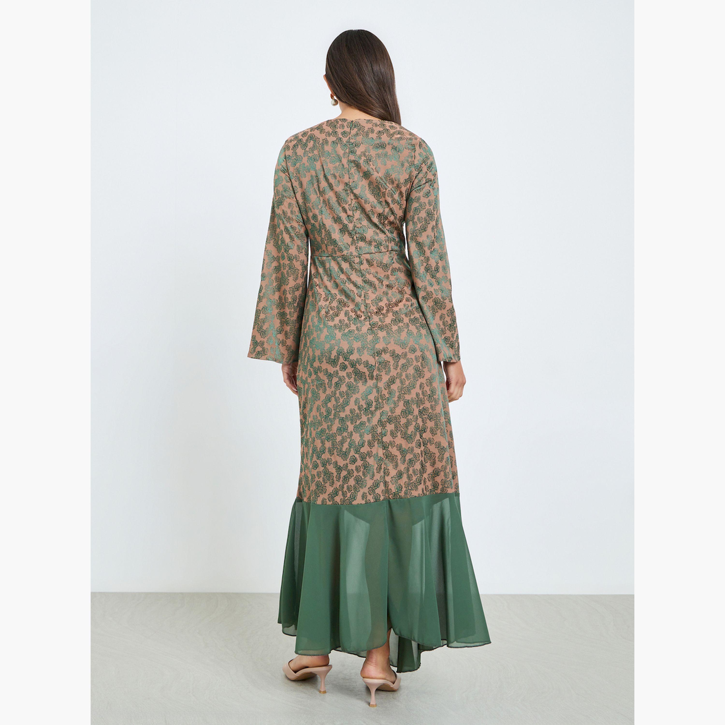 فستان طويل بطبعة زهور وحافة متباينة-women-clothing-dresses-image-3