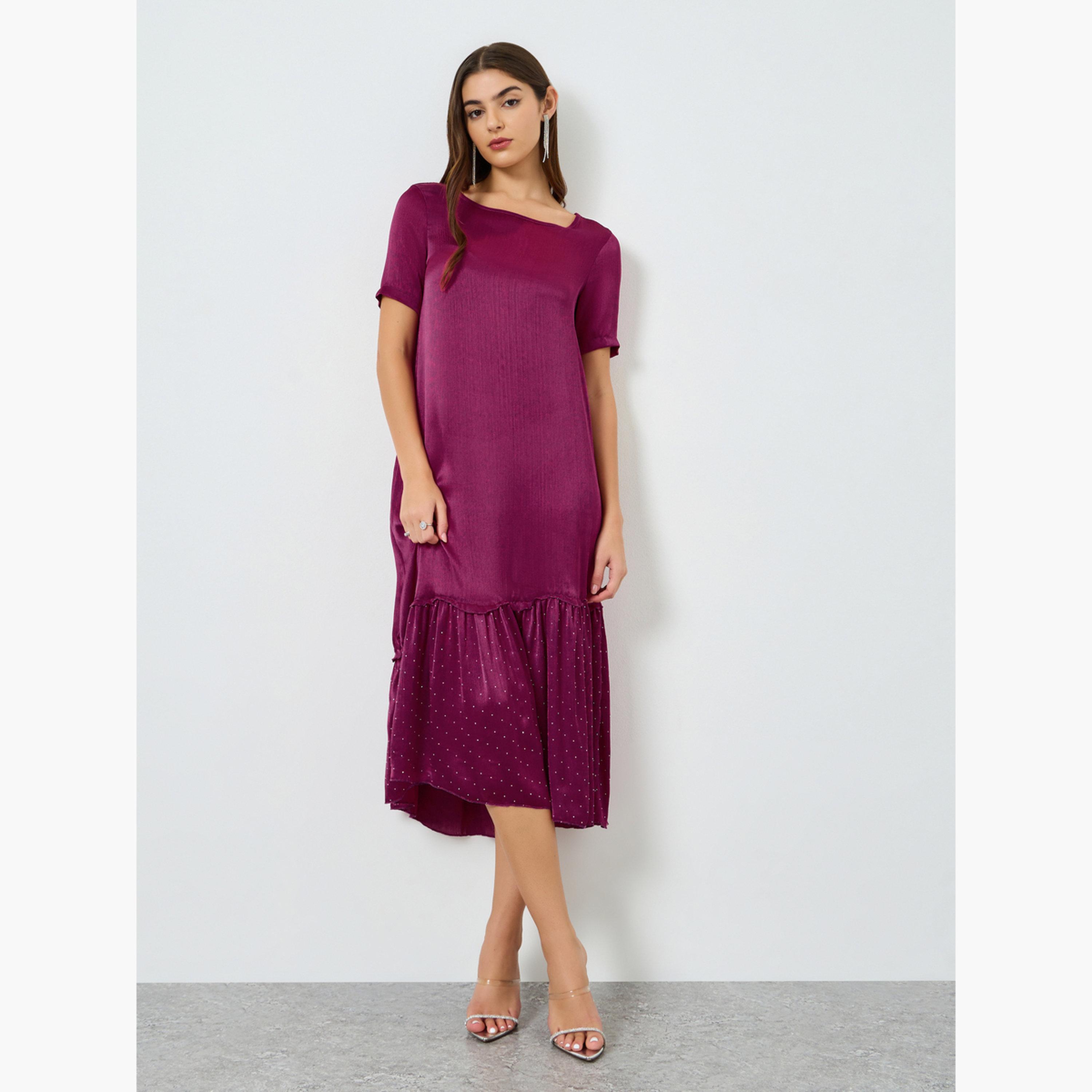 فستان ميدي بحافة مكشكشة للنساء-women-clothing-dresses-image-1