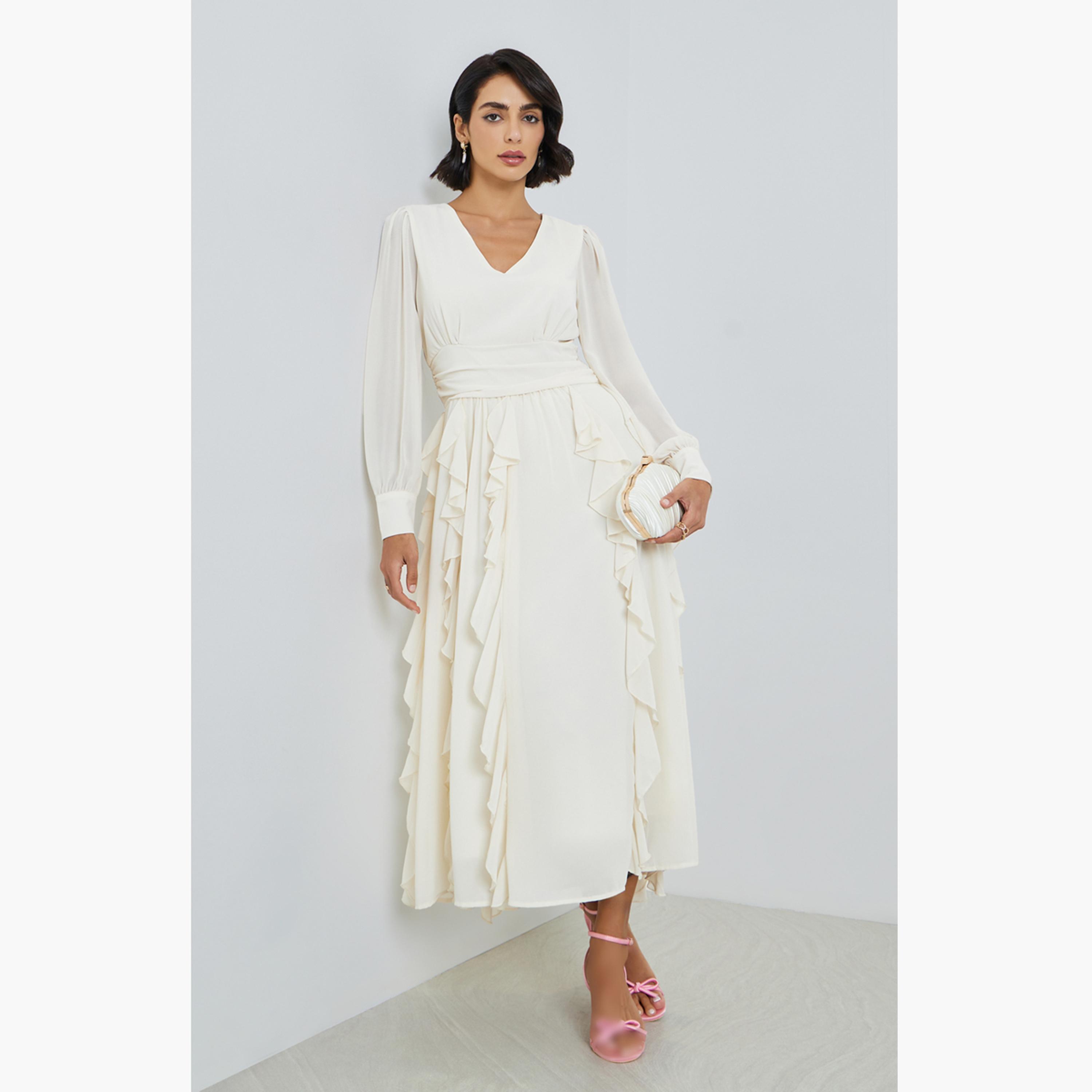 فستان ميدي نسائي بتفاصيل كشكشة وحافة واسعة-women-clothing-dresses-image-1