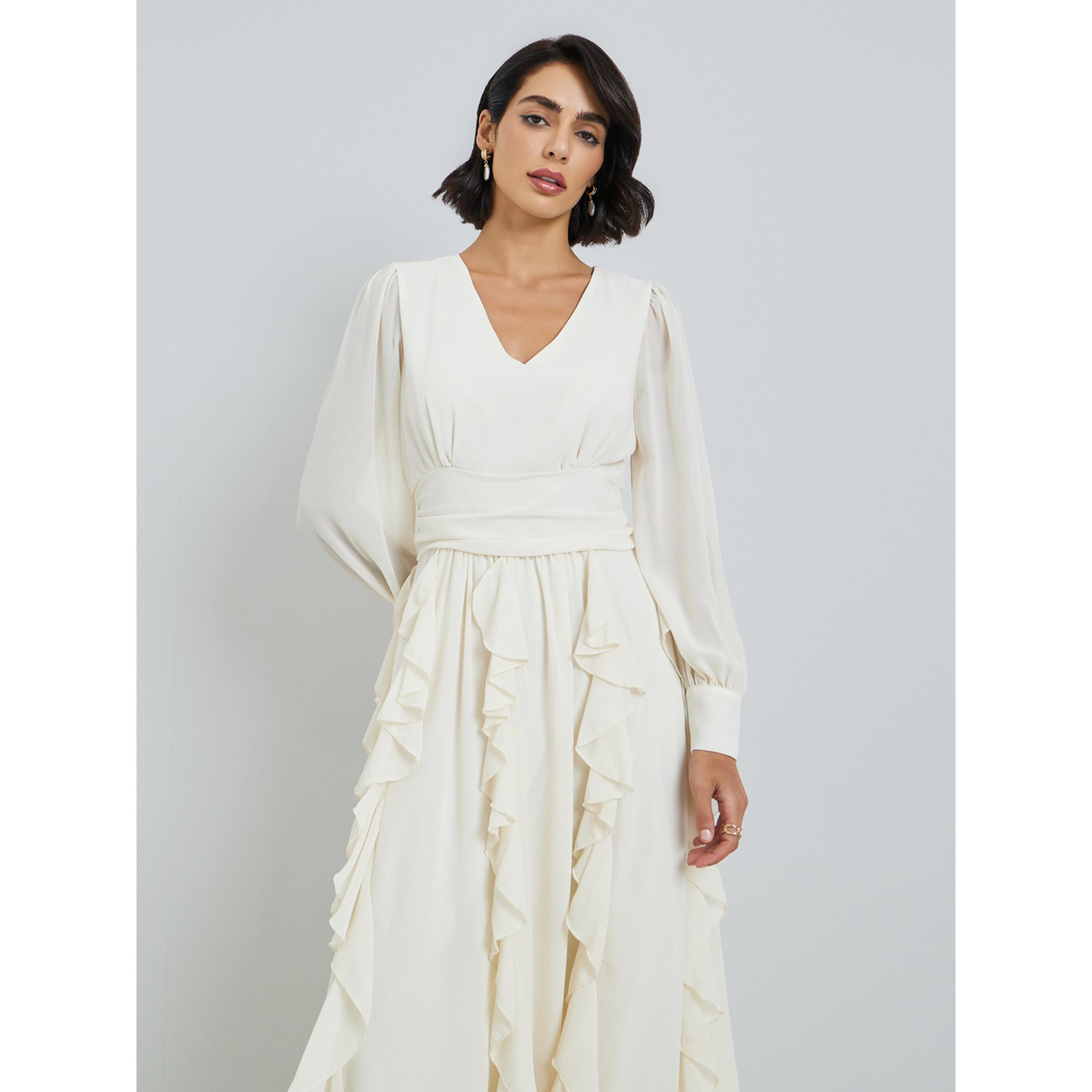 فستان ميدي نسائي بتفاصيل كشكشة وحافة واسعة-women-clothing-dresses-image-2